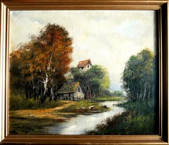 Antique French Barbizon school Barn landscape - Oil painting Signed 