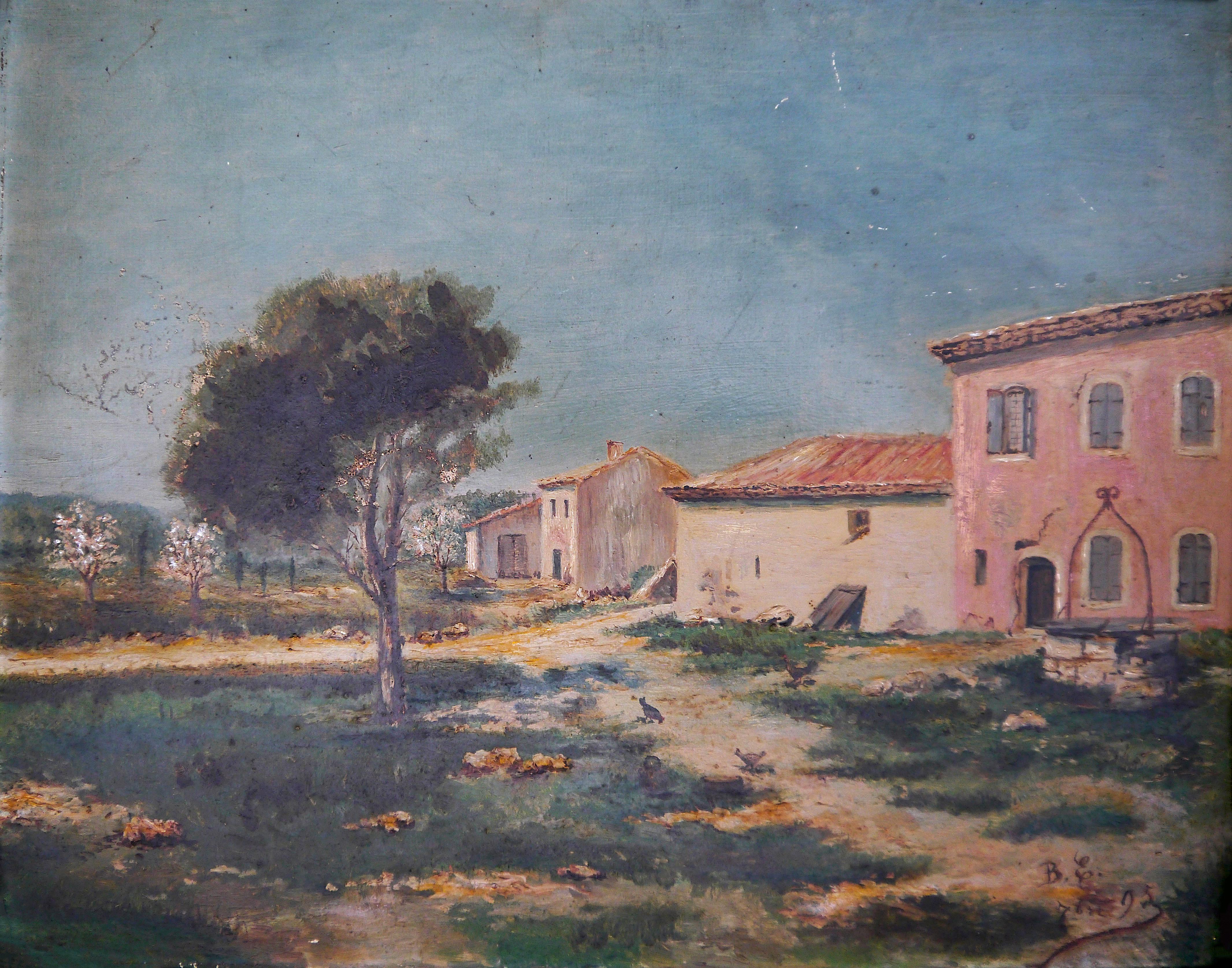 Quadro ad olio francese post-impressionista Provenza Fienile Firmato - Painting di French School Old Masters