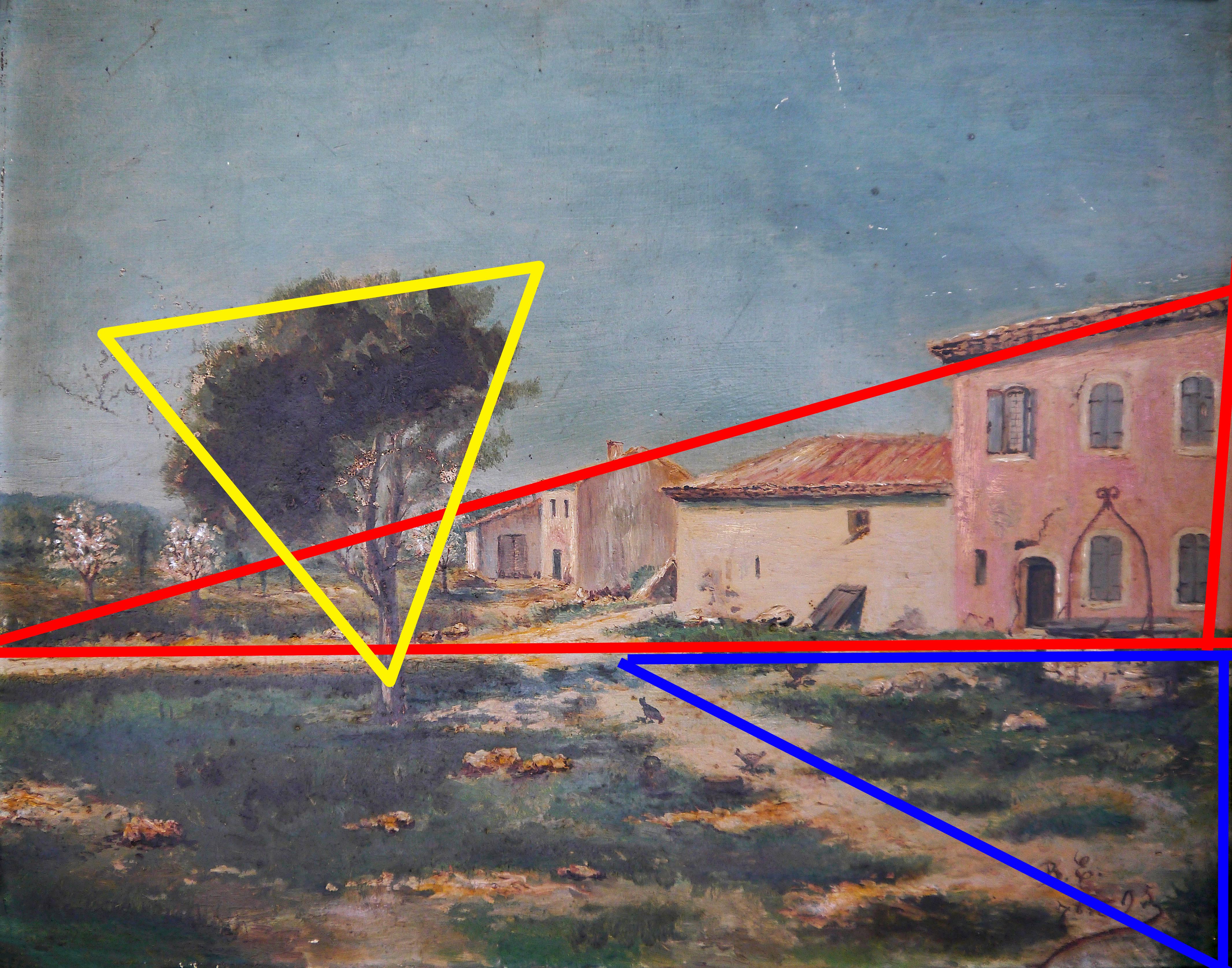 Paesaggio in Provenza. 

Fattoria tipica della Provenza con tetto piatto. 

Analisi strutturale :
Sul lato sinistro,  una composizione di alberi dipinti con una trama pesante e spessa (come i pittori impressionisti)
Sul lato destro, c'è una serie di