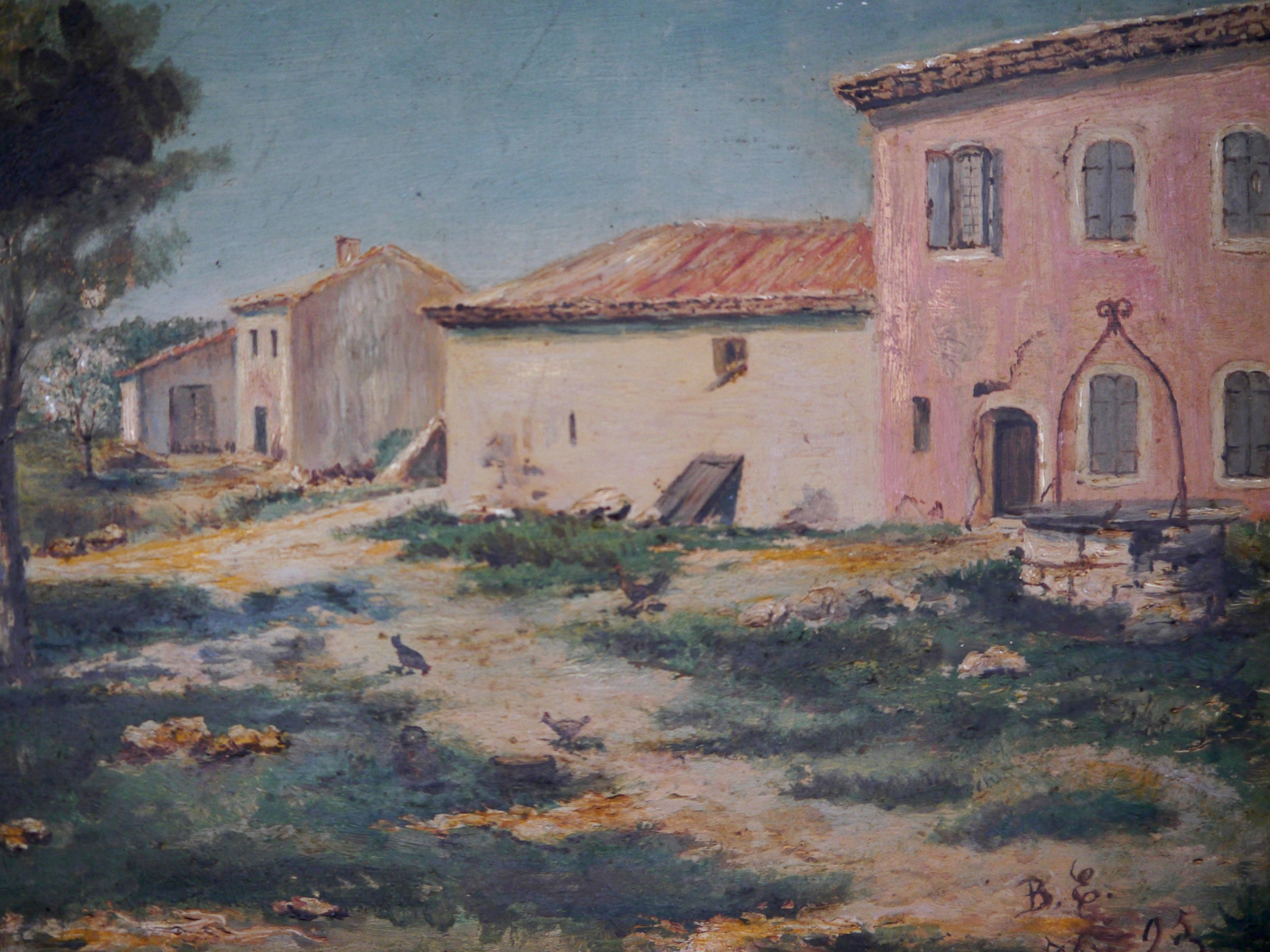 Quadro ad olio francese post-impressionista Provenza Fienile Firmato 1