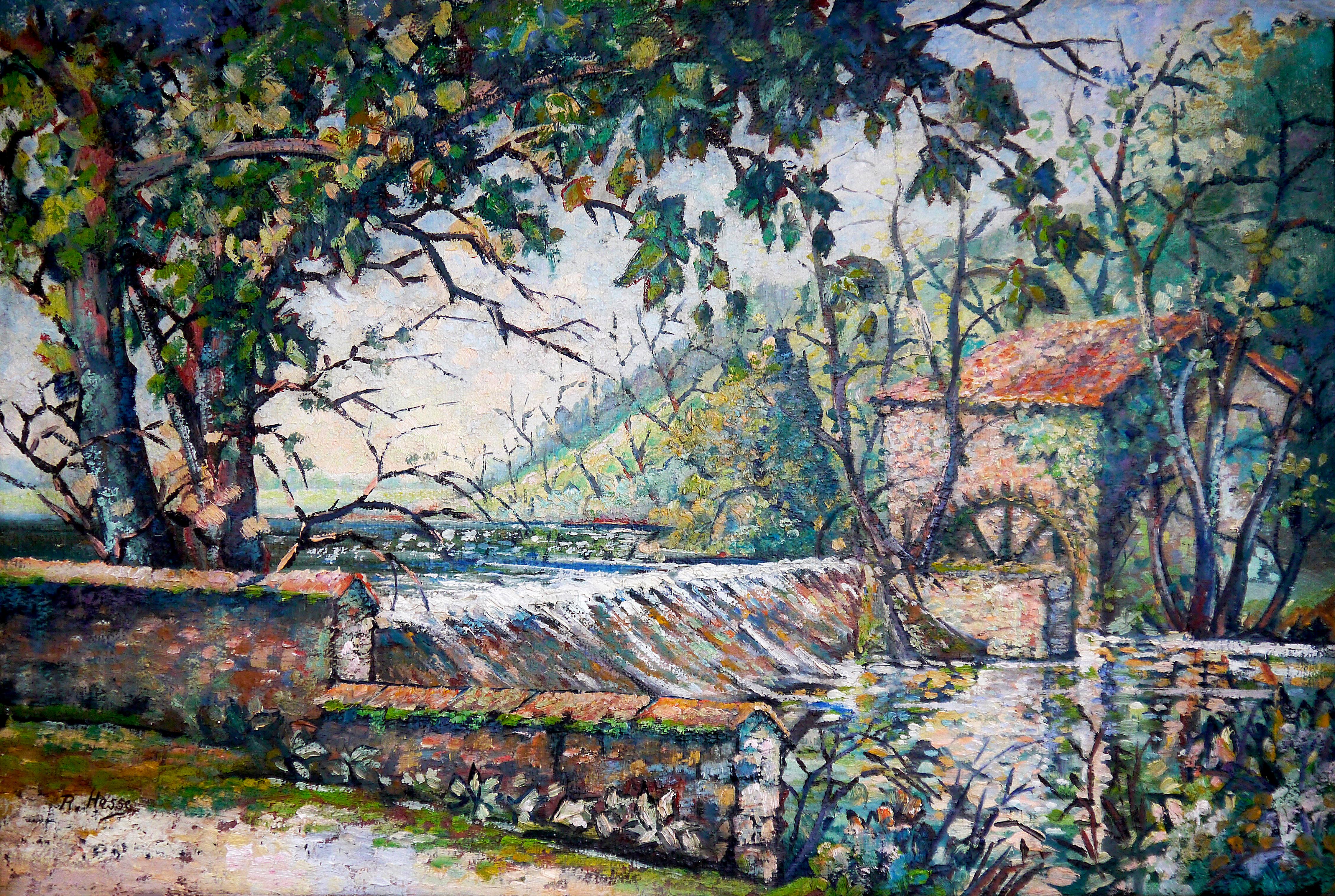 École française Paysage rural Moulin à eau  Peinture à l'huile signée en vente 2