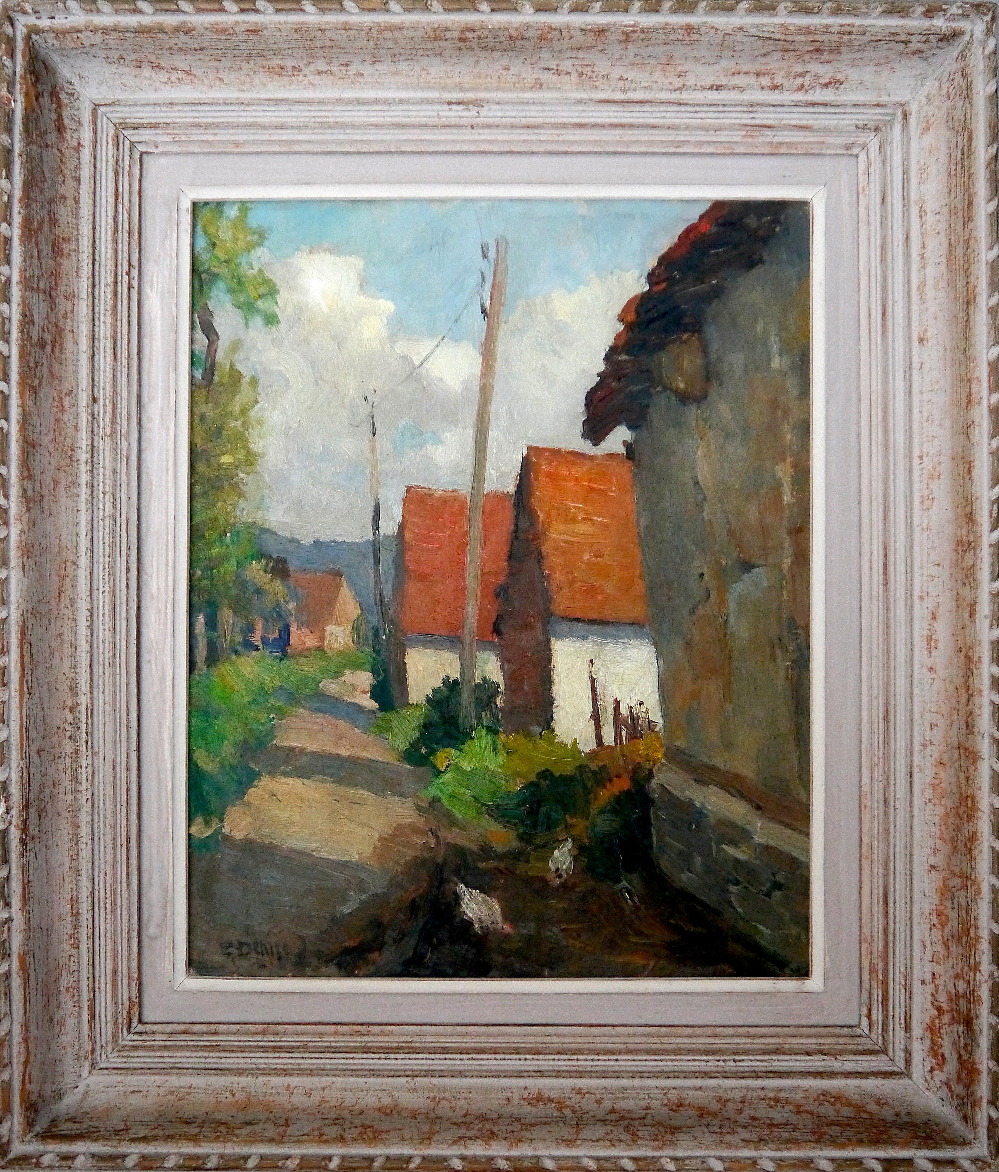 French School Old Masters Figurative Painting - French School Landscape Village with Red roofs  Oil painting Signed