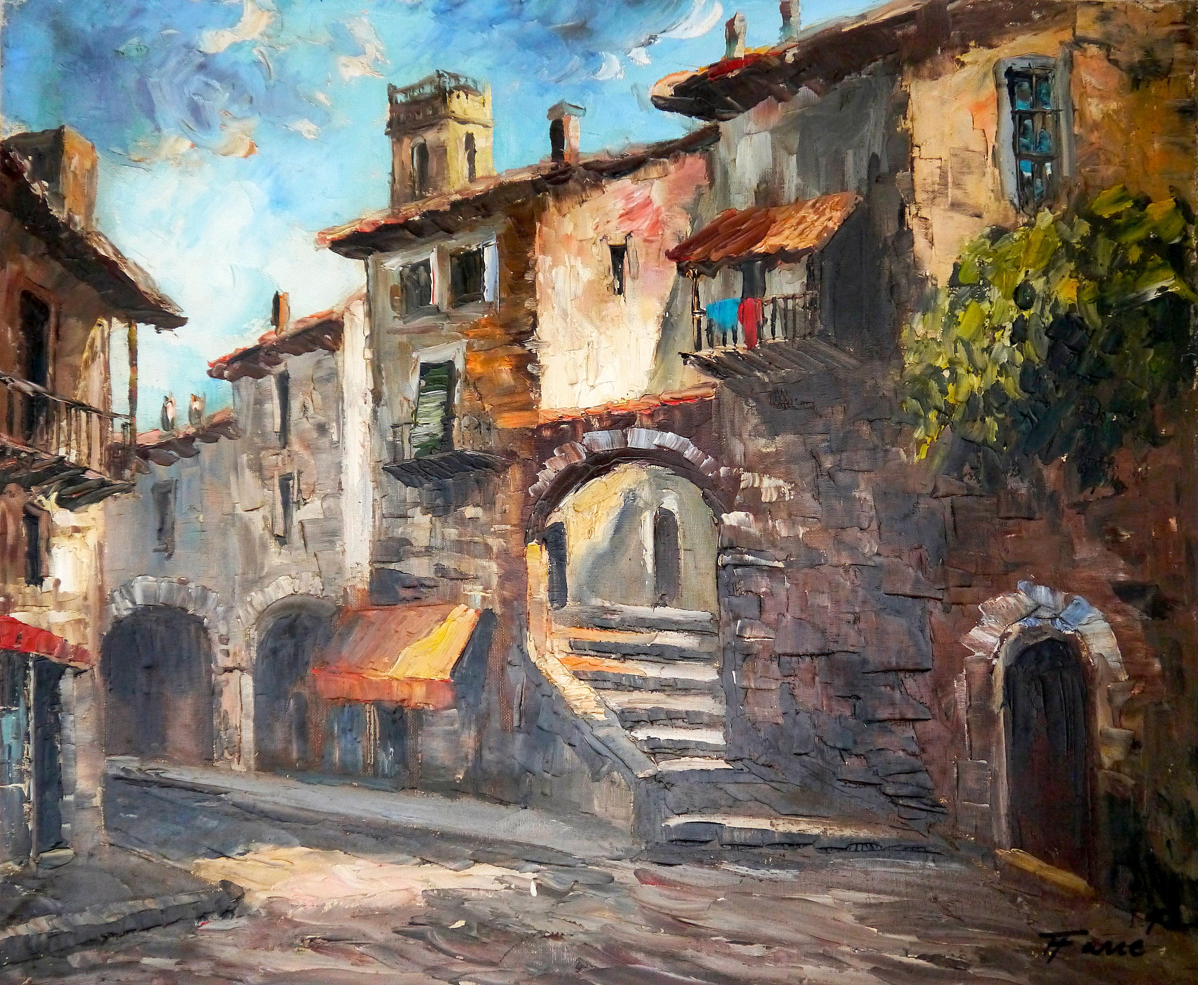 French  school Provence Village - Rare Oil painting Signed  - Painting by French School Old Masters