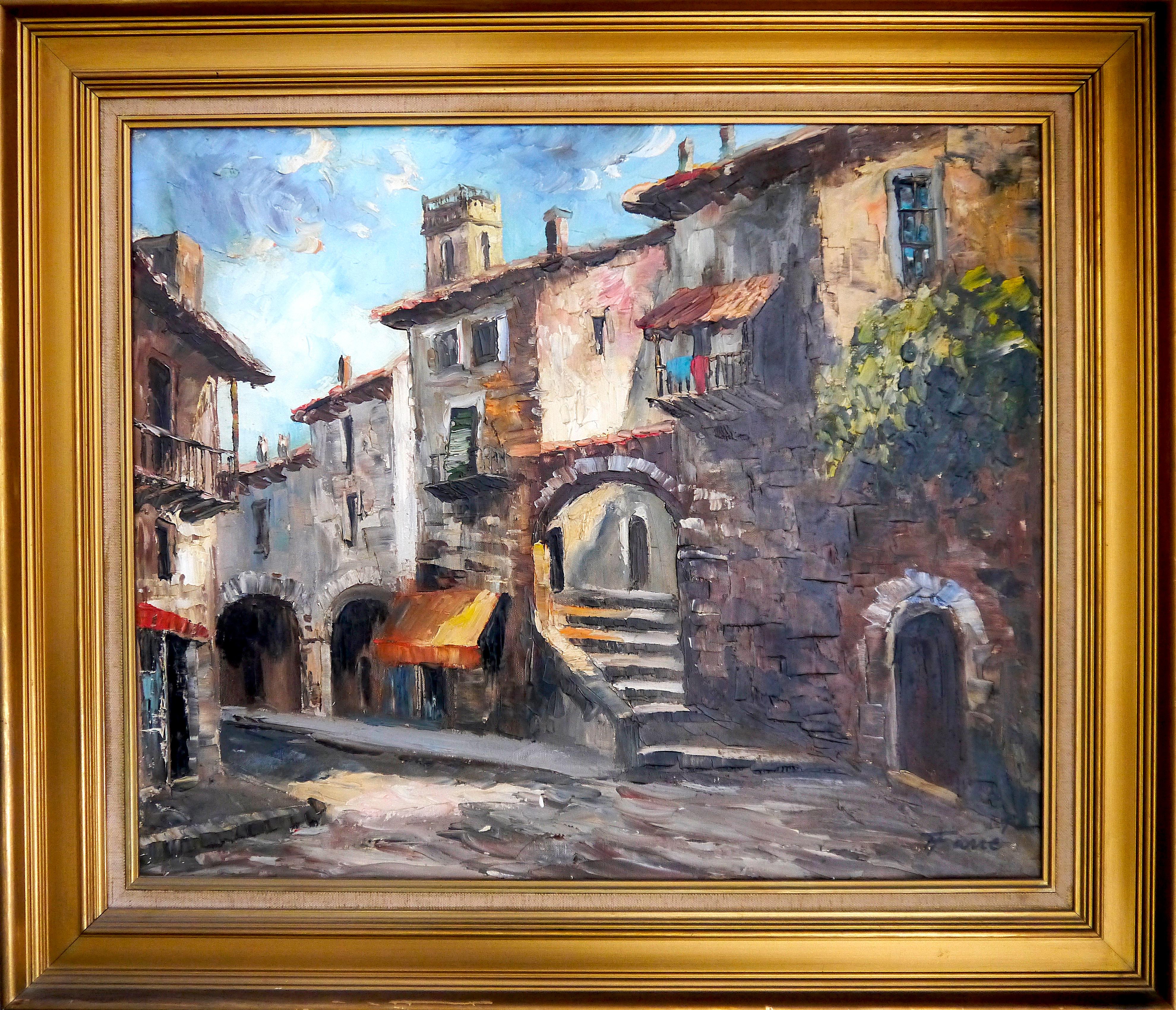 French School Old Masters Figurative Painting - French  school Provence Village - Rare Oil painting Signed 