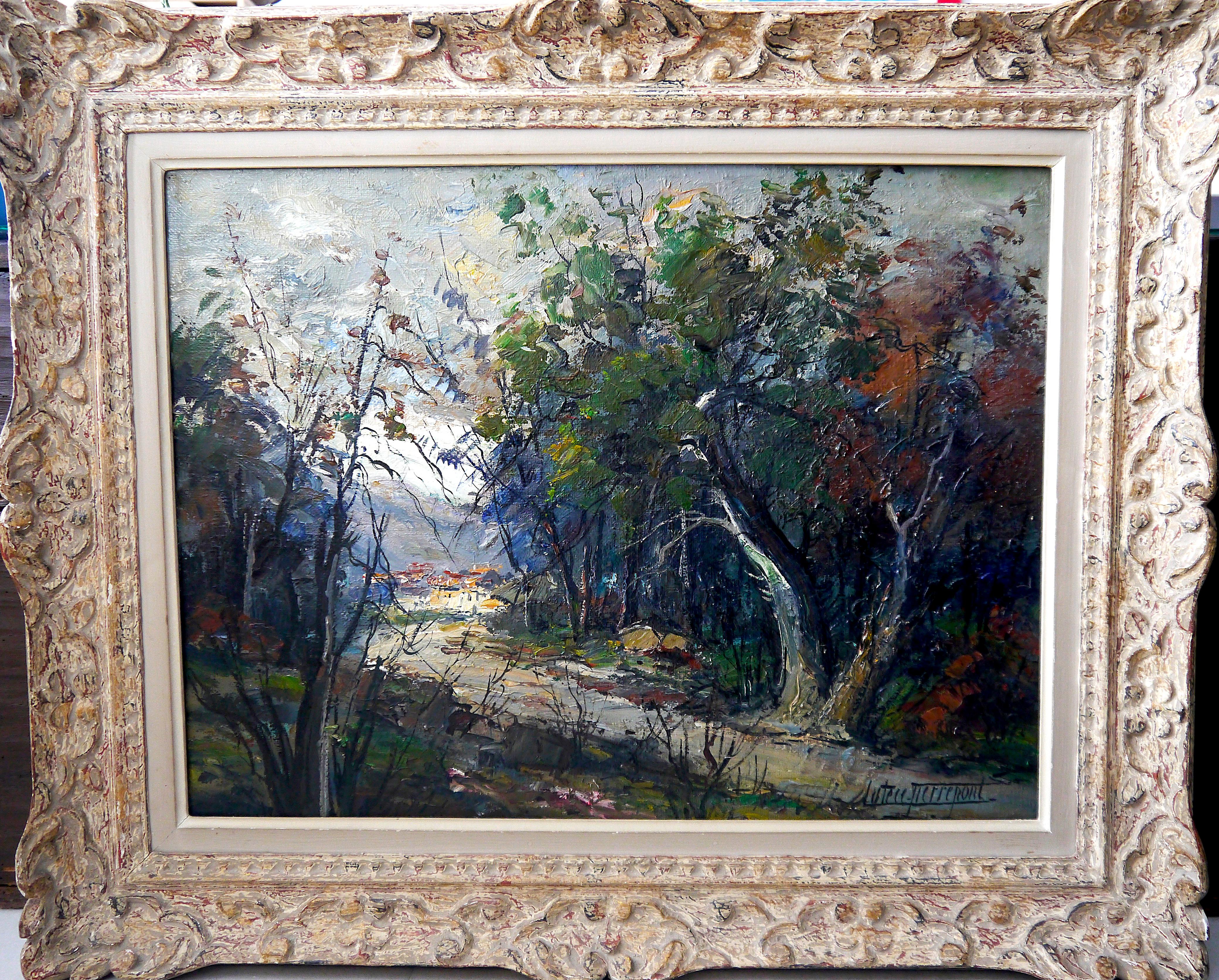 French  school Village in the wood landscape - Oil painting Signed 20th century  4