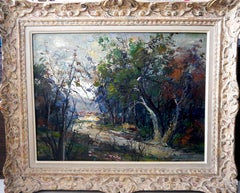 French  school Village in the wood landscape - Oil painting Signed 20th century