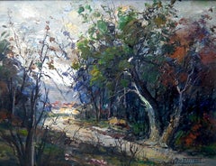 French  school Village in the wood landscape - Oil painting Signed