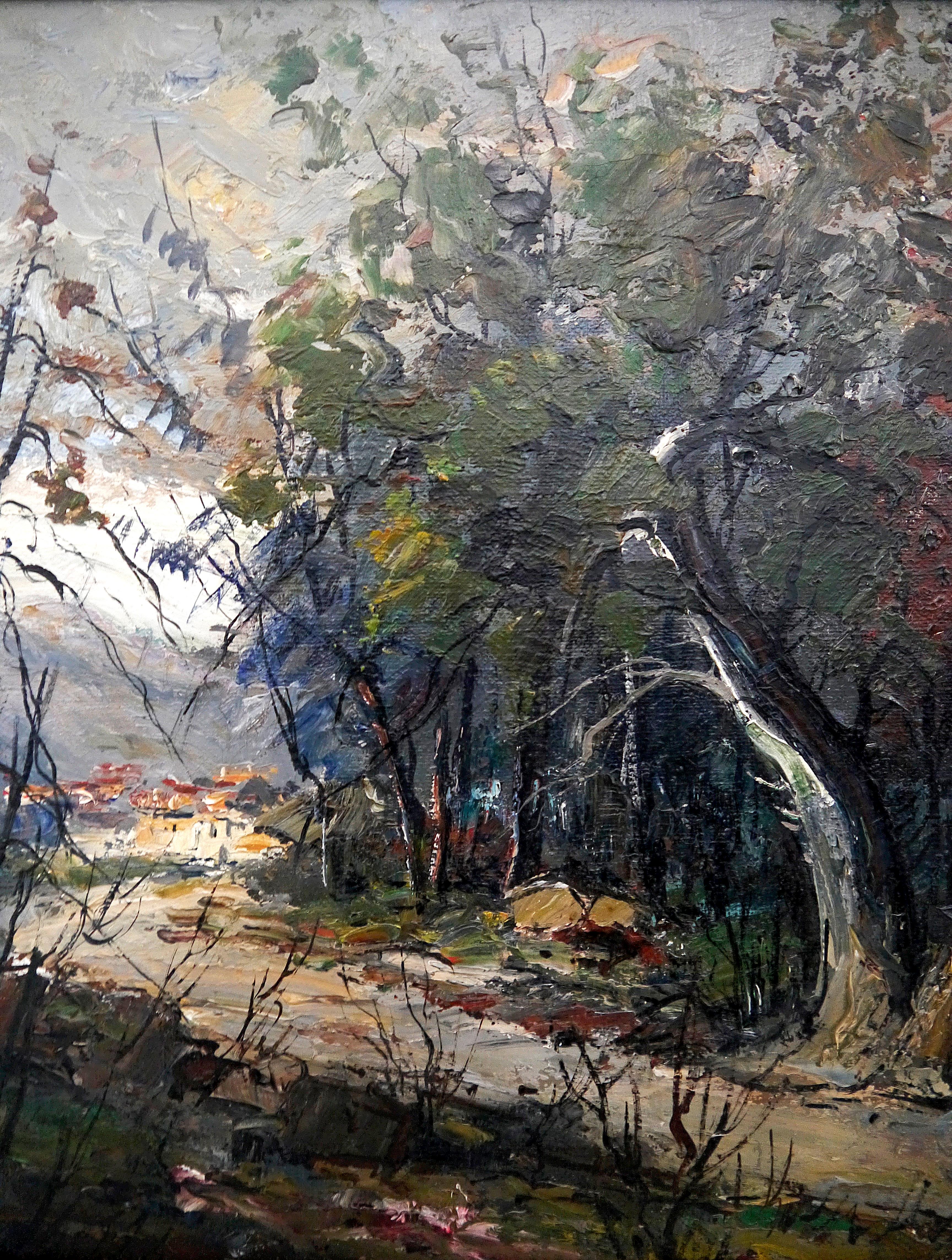 French  school Village in the wood landscape - Oil painting Signed  For Sale 2
