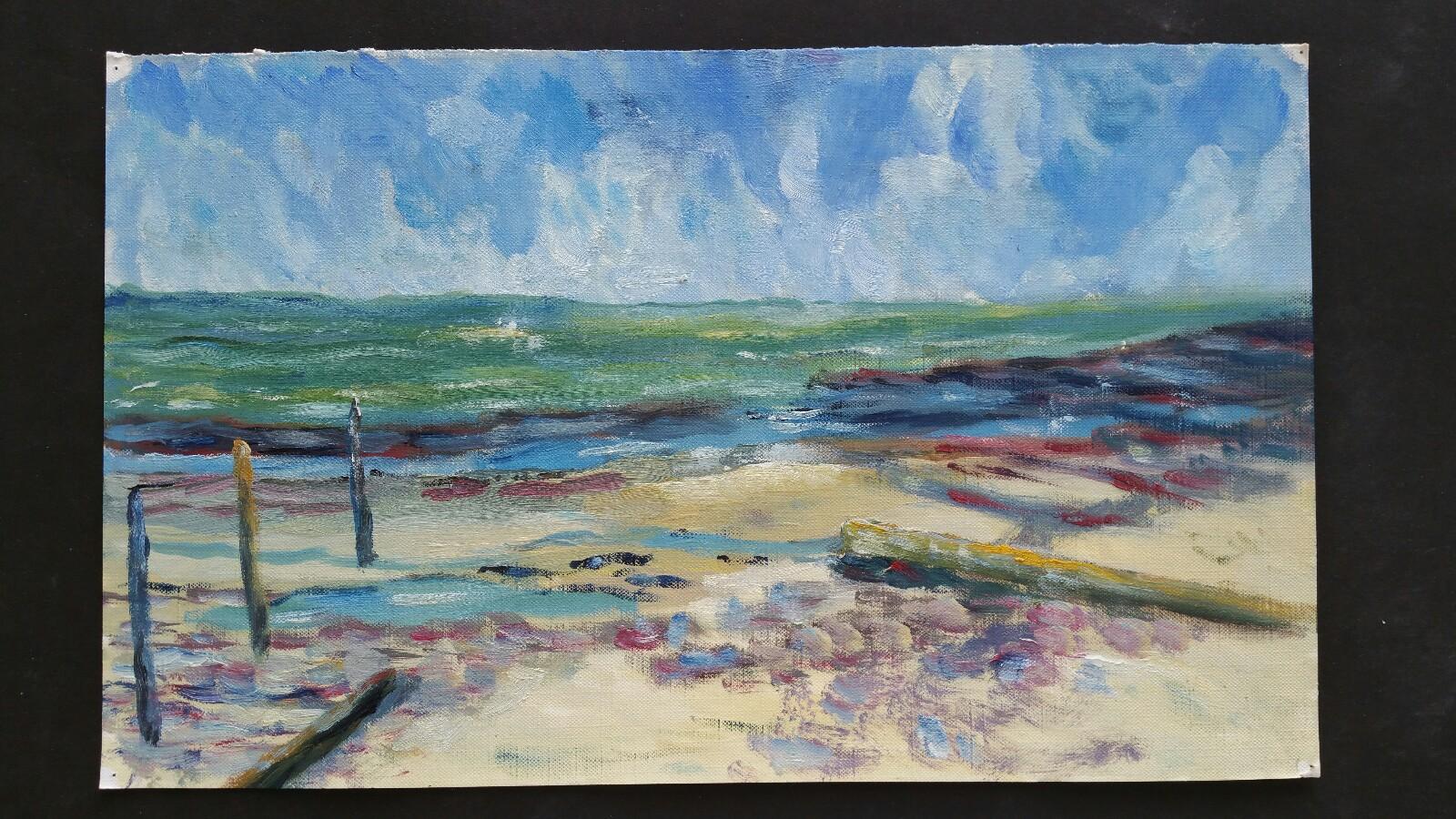 Peinture à l'huile française du 20e siècle représentant une plage dans le sud de la France - Painting de Unknown