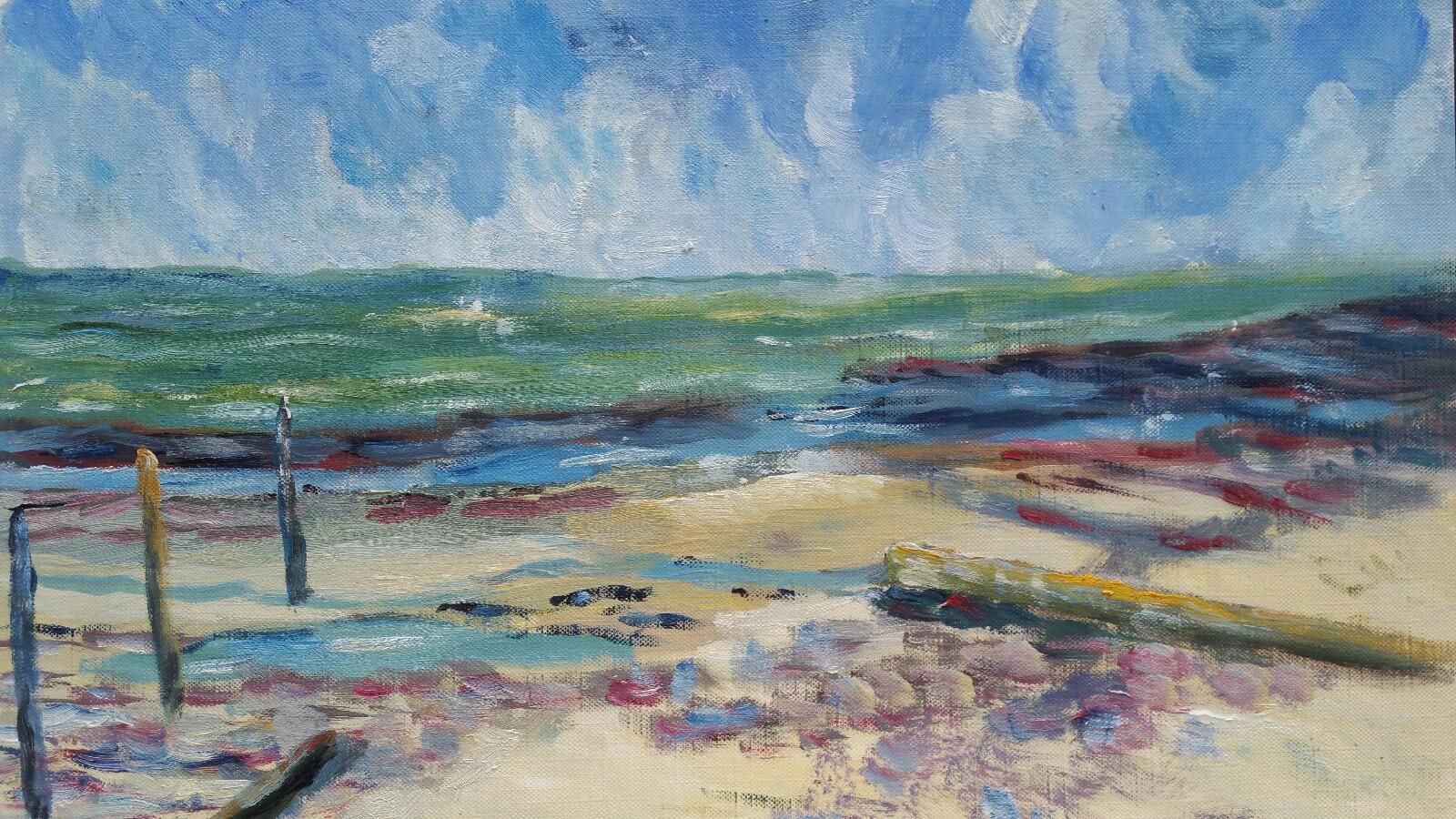 Landscape Painting Unknown - Peinture à l'huile française du 20e siècle représentant une plage dans le sud de la France