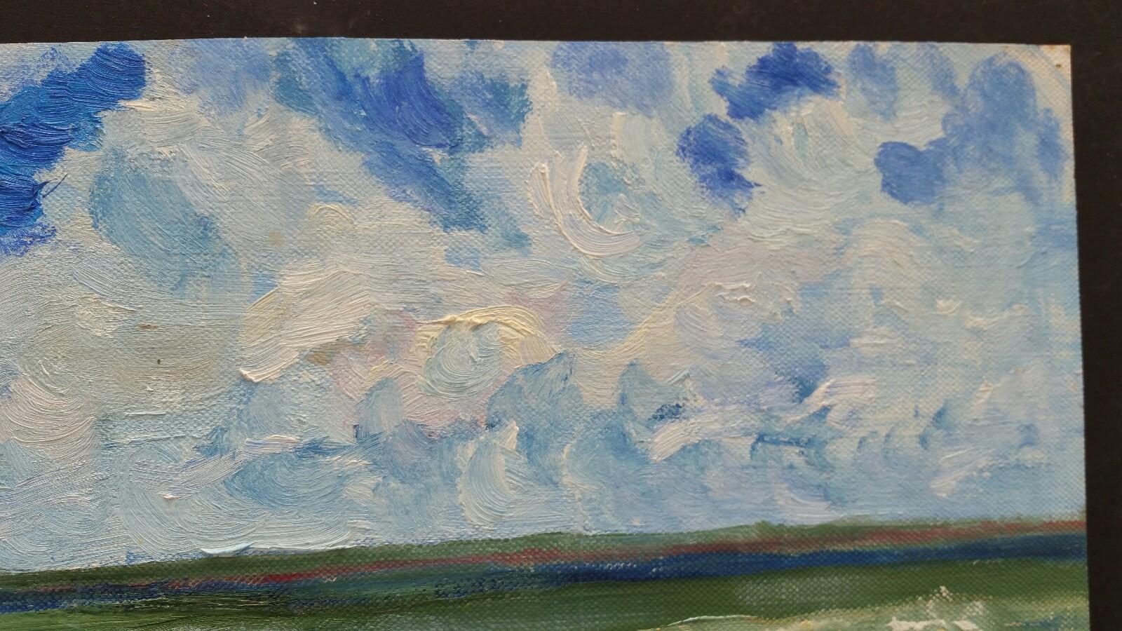 Une journée de brise sur la côte
École française, milieu-fin du XXe siècle
non signé
peinture à l'huile sur toile papier texturé (le verso est lisse, le côté peint a l'aspect et le toucher d'une toile), non encadré
total 9 x 15 pouces

On peut
