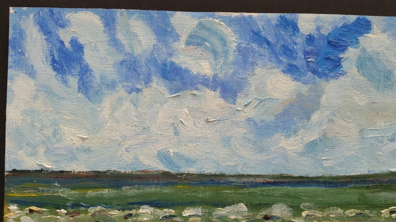 A Breezy Day Over the Coast
French School, mid-late 20th century
unsigned
oil painting on canvas textured paper (reverse side is smooth, the painted side looks and feels as canvas), unframed
overall 9 x 15 inches

One can almost feel the blustery