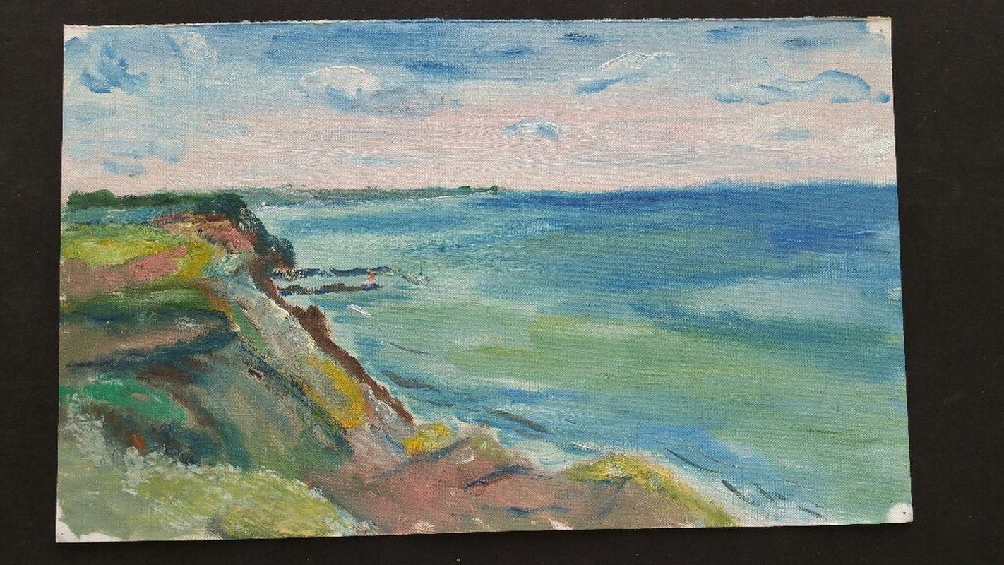20th Century French Oil Painting A Clifftop Summer Walk Beach Scene Cliffs - Gray Landscape Painting by Unknown