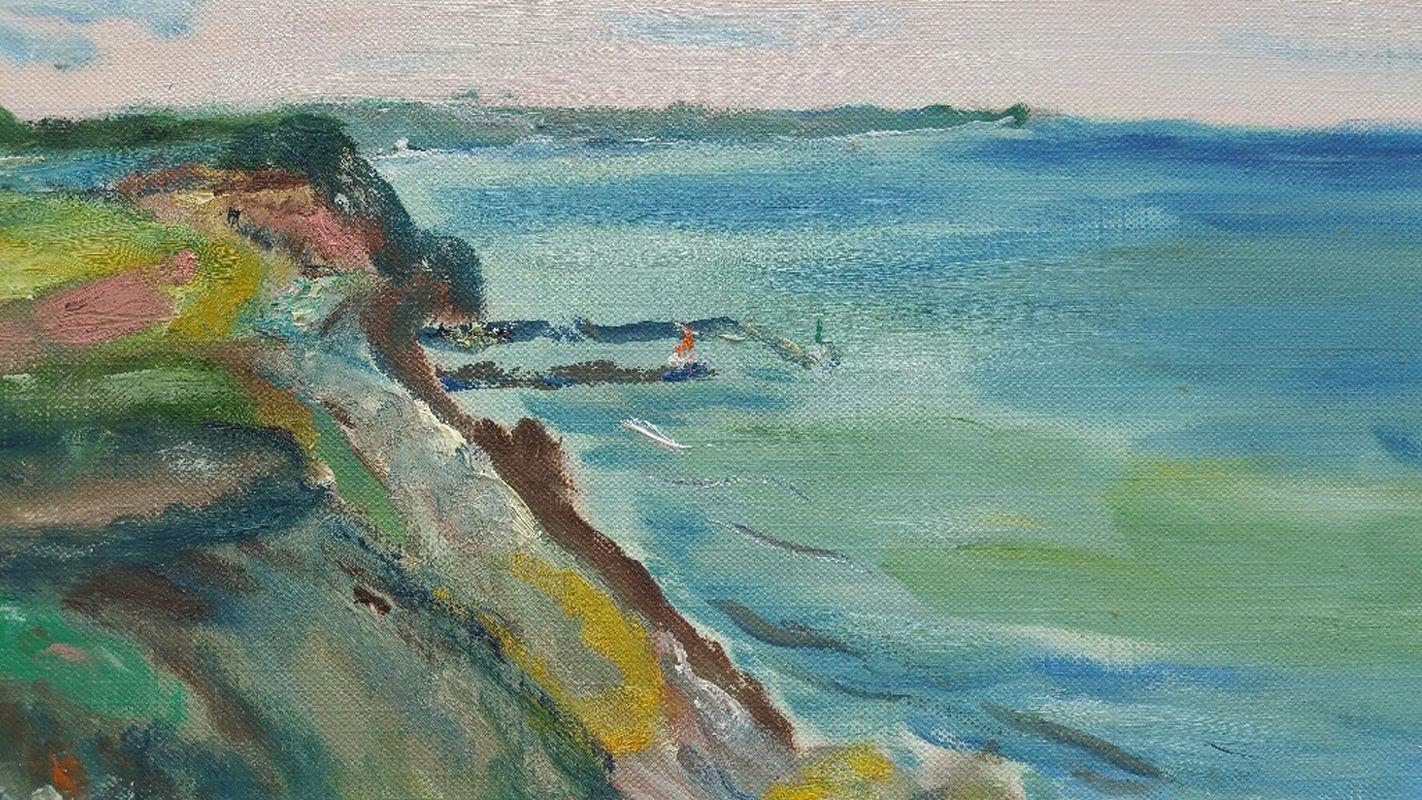 A Clifftop Summer Walk
French School, mid-late 20th century
unsigned
oil painting on canvas textured paper (reverse side is smooth, the painted side looks and feels as canvas), unframed
overall 9 x 15 inches

One of the scenes we all love, the fresh