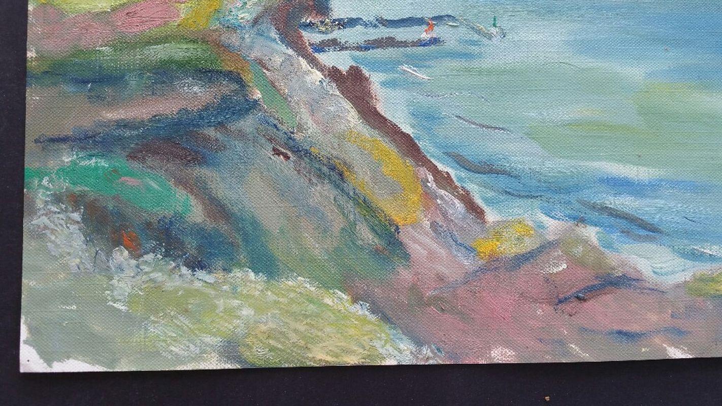 Französisches Ölgemälde des 20. Jahrhunderts „A Clifftop Summer Walk“, Strandszene mit Cliffs im Angebot 2