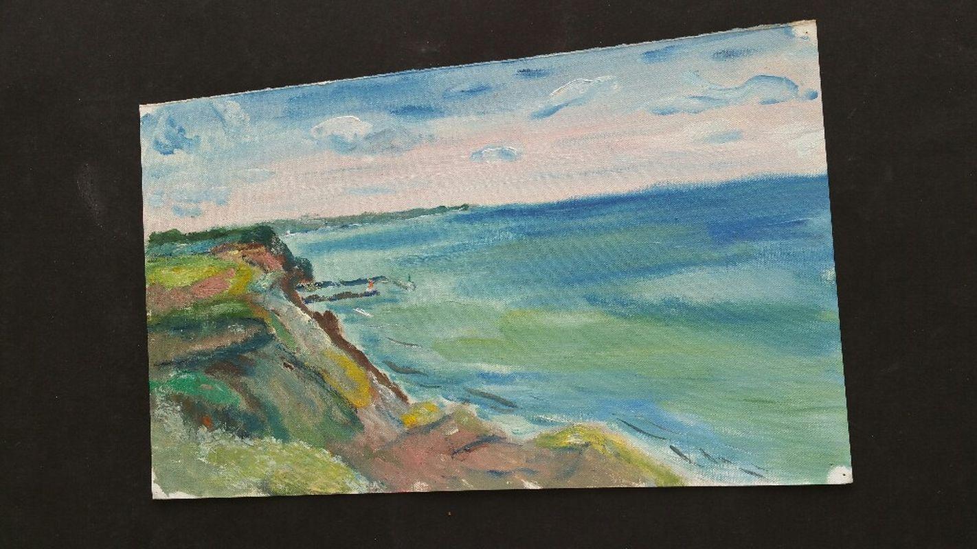 Französisches Ölgemälde des 20. Jahrhunderts „A Clifftop Summer Walk“, Strandszene mit Cliffs im Angebot 3