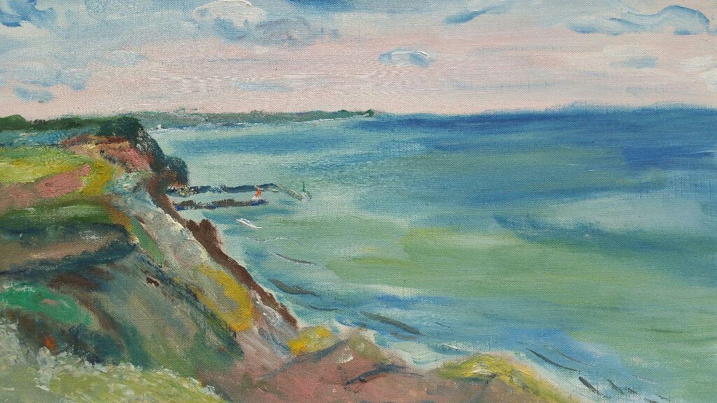 Unknown Landscape Painting - 20th Century French Oil Painting A Clifftop Summer Walk Beach Scene Cliffs