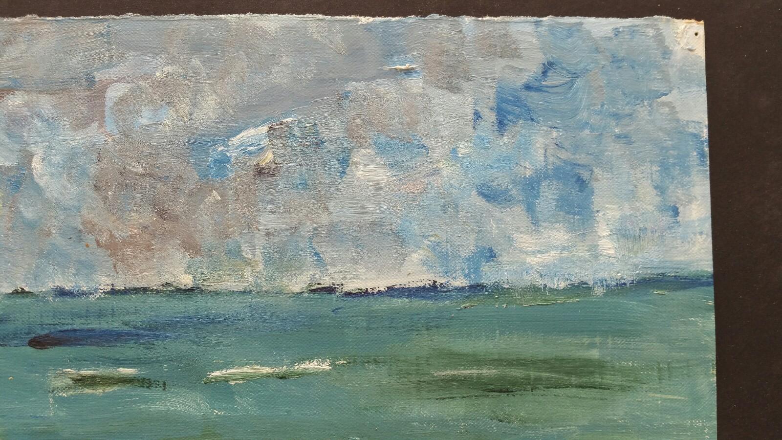 Französisches Ölgemälde des 20. Jahrhunderts, „Ein Sturm über dem Meer“ (Grau), Landscape Painting, von Unknown