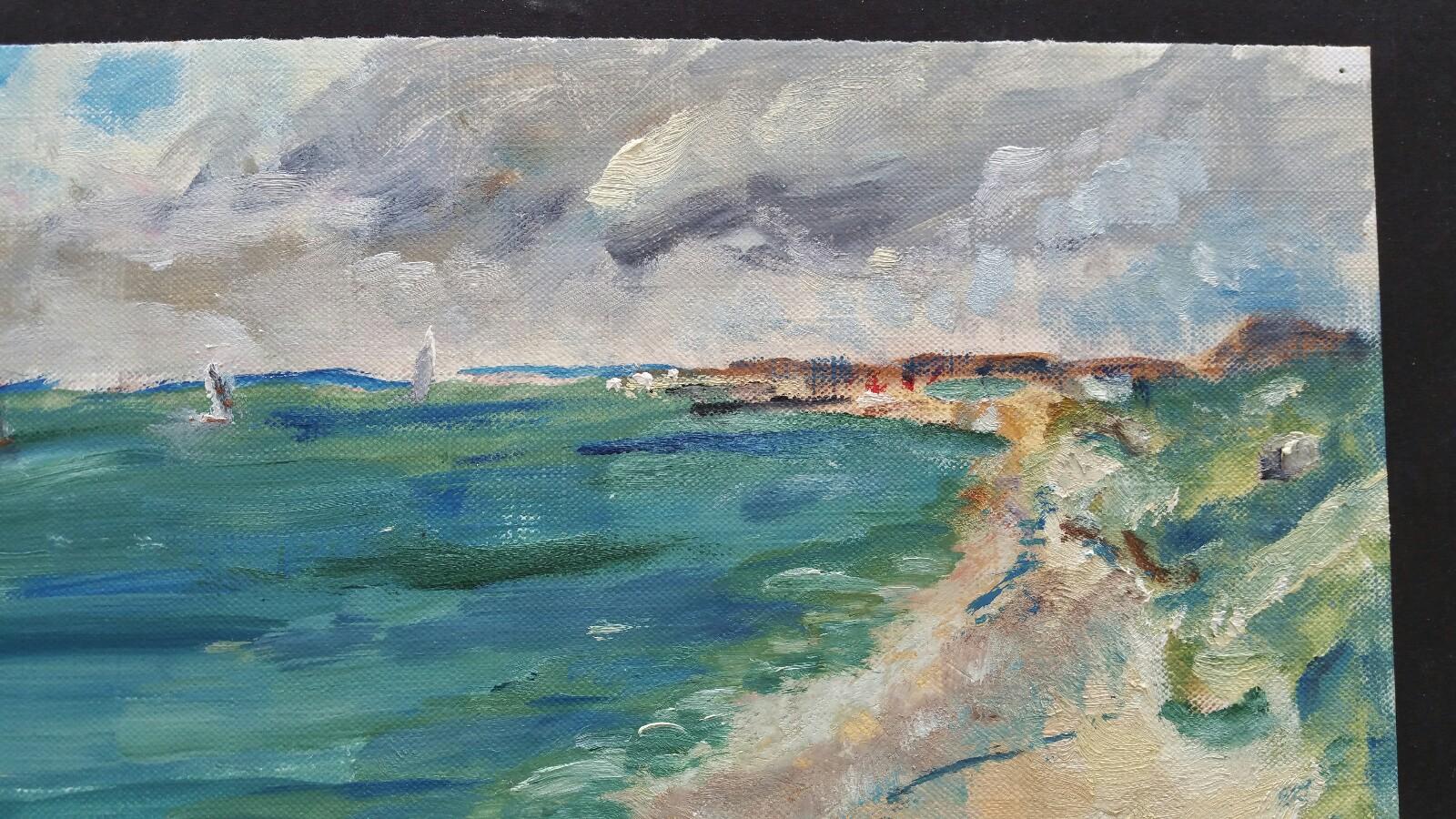 A Summer Beach
French School, mid-late 20th century
unsigned
oil painting on canvas textured paper (reverse side is smooth, the painted side looks and feels as canvas), unframed
overall 9 x 15 inches

A fine, breezy summer day in the French sun. A
