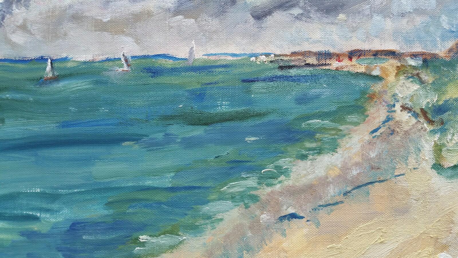 20th Century French Oil Painting A Summer Beach Blue Skies For Sale 2