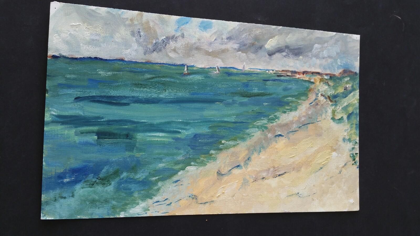 20th Century French Oil Painting A Summer Beach Blue Skies For Sale 3