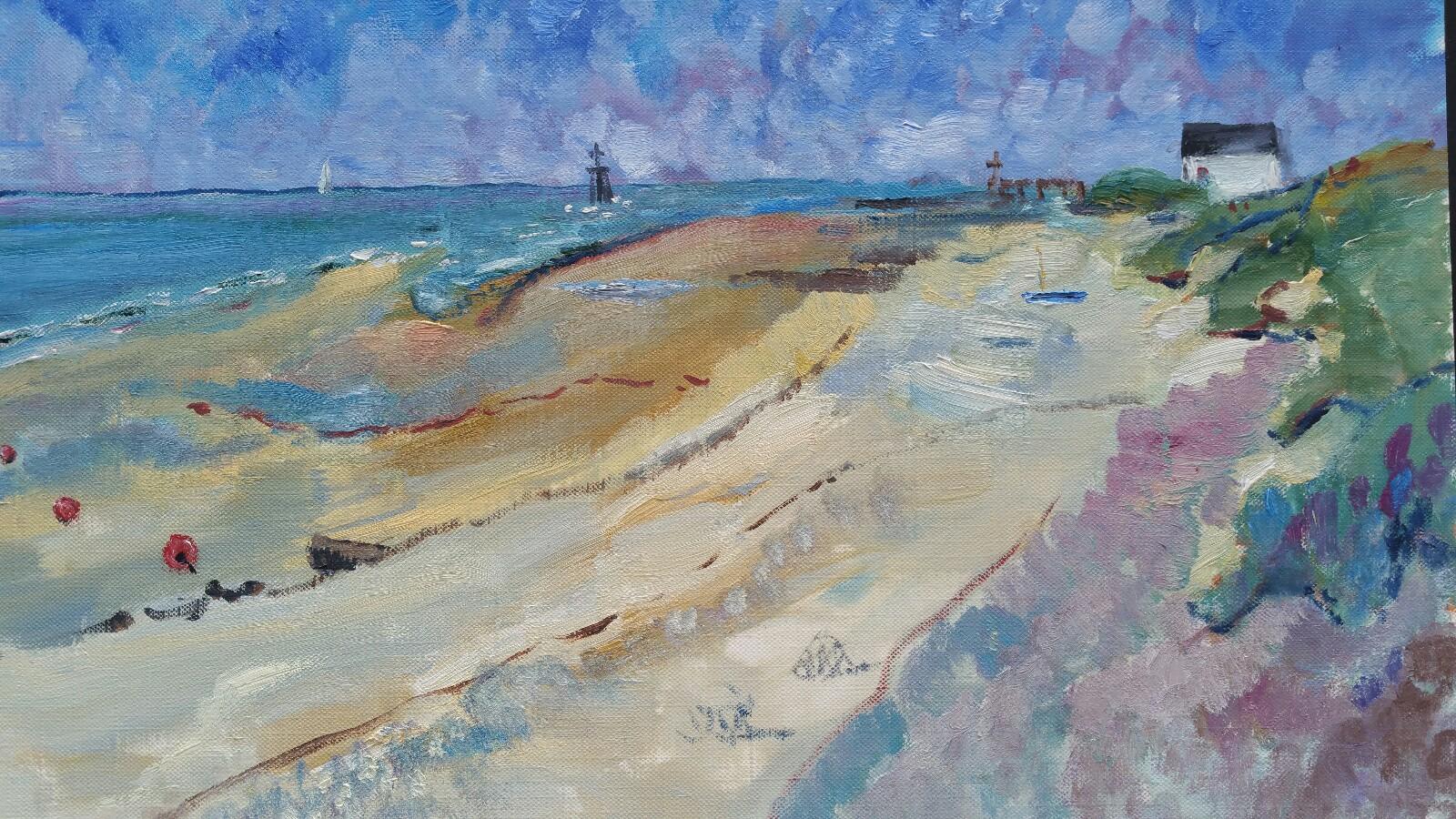 Unknown Landscape Painting - 20th Century French Oil Painting A Summer Beach Blue Skies