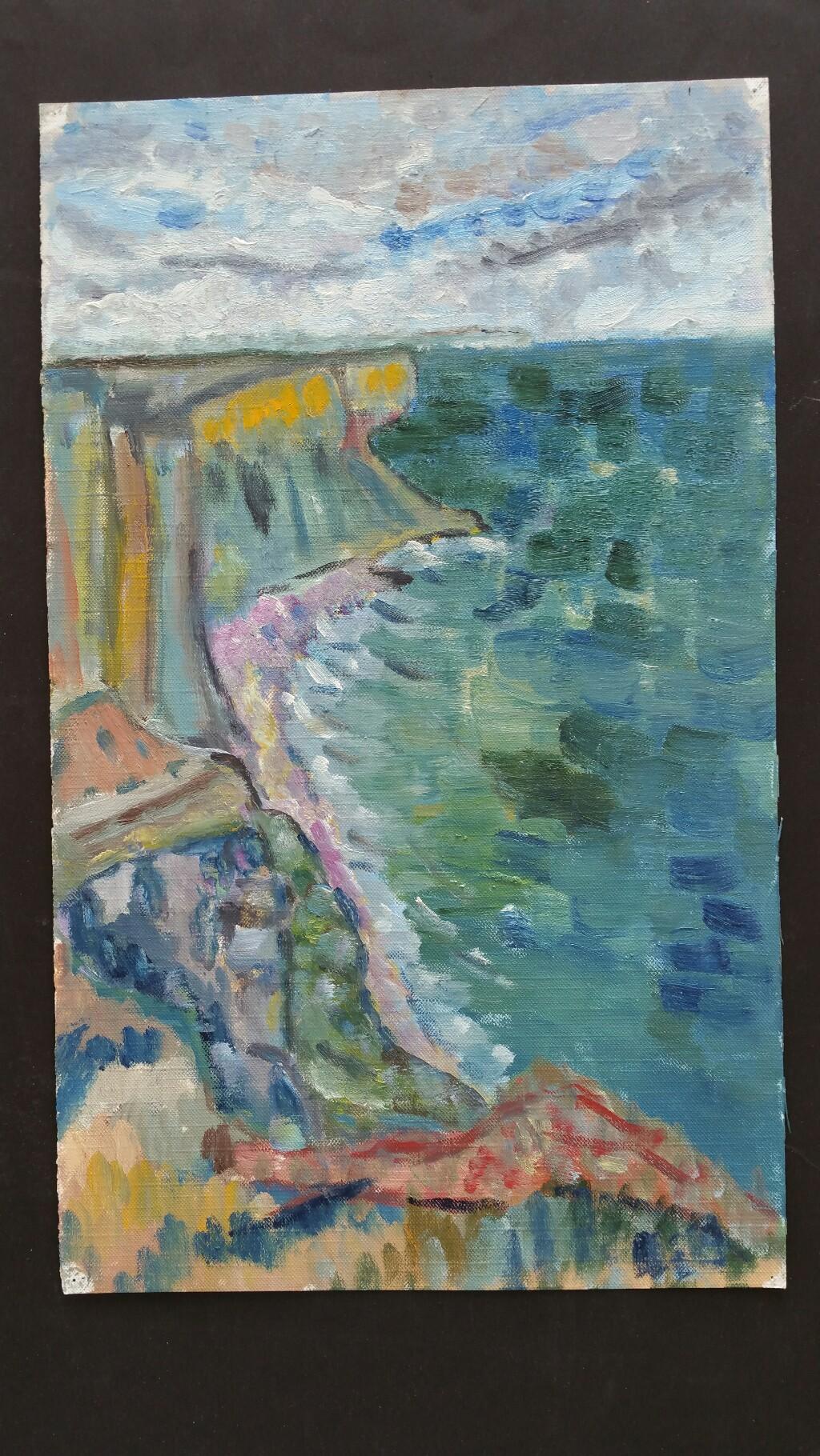 20th Century French Oil Painting A Summer French Coastline - Blue Landscape Painting by Unknown