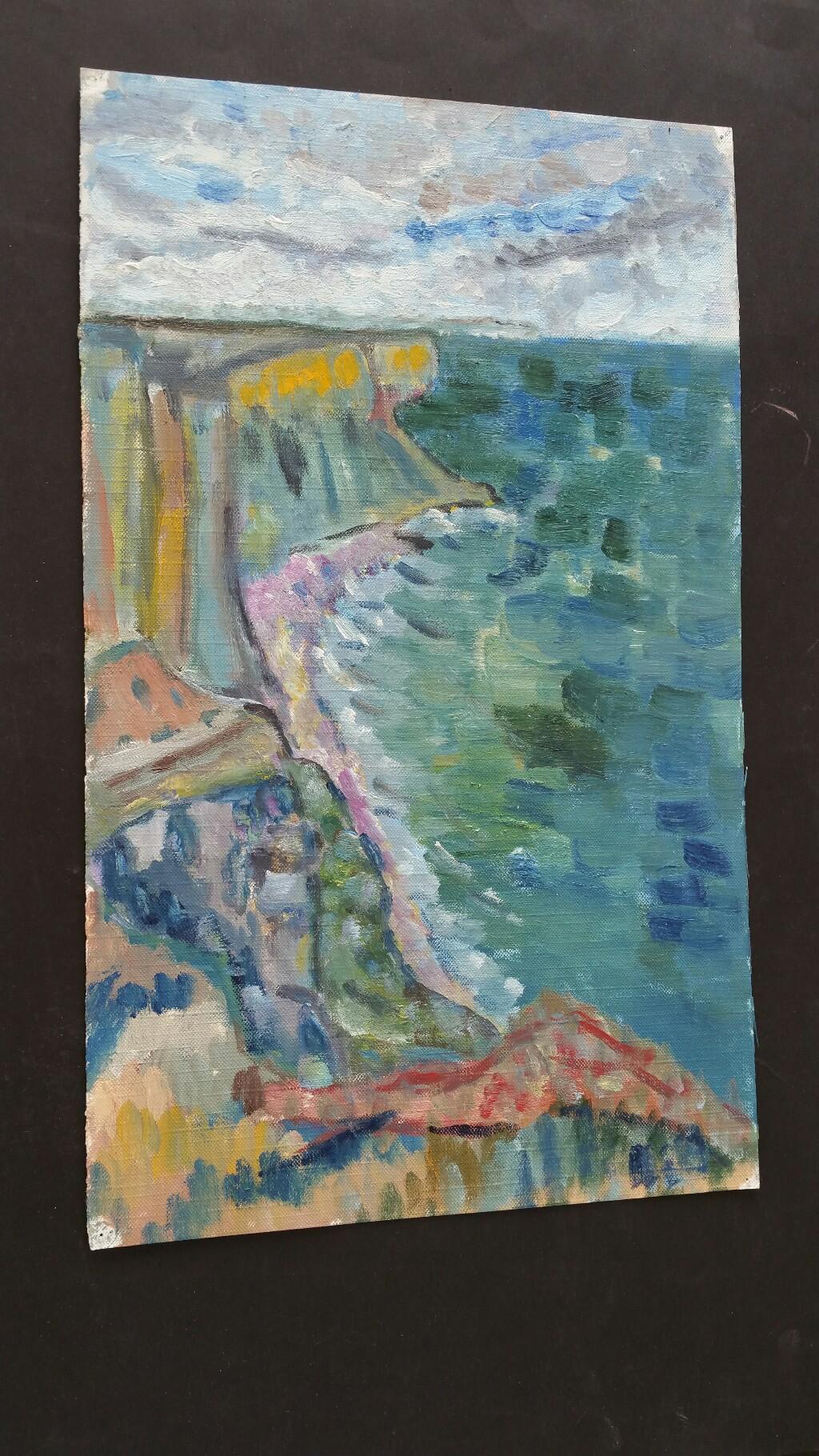 A Summer French Coastline
French School, mid-late 20th century
unsigned
oil painting on canvas textured paper (reverse side is smooth, the painted side looks and feels as canvas), unframed
overall 15 x 9 inches

Vibrant oil painting depicting a