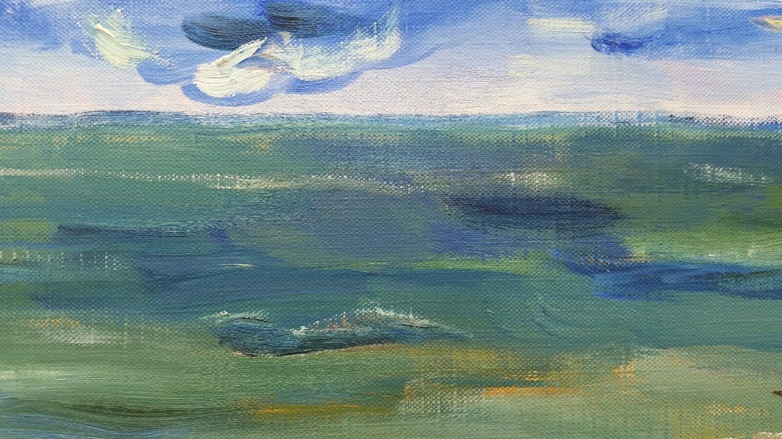 Peinture à l'huile française du 20e siècle représentant une vue sur la mer d'été - Gris Landscape Painting par Unknown