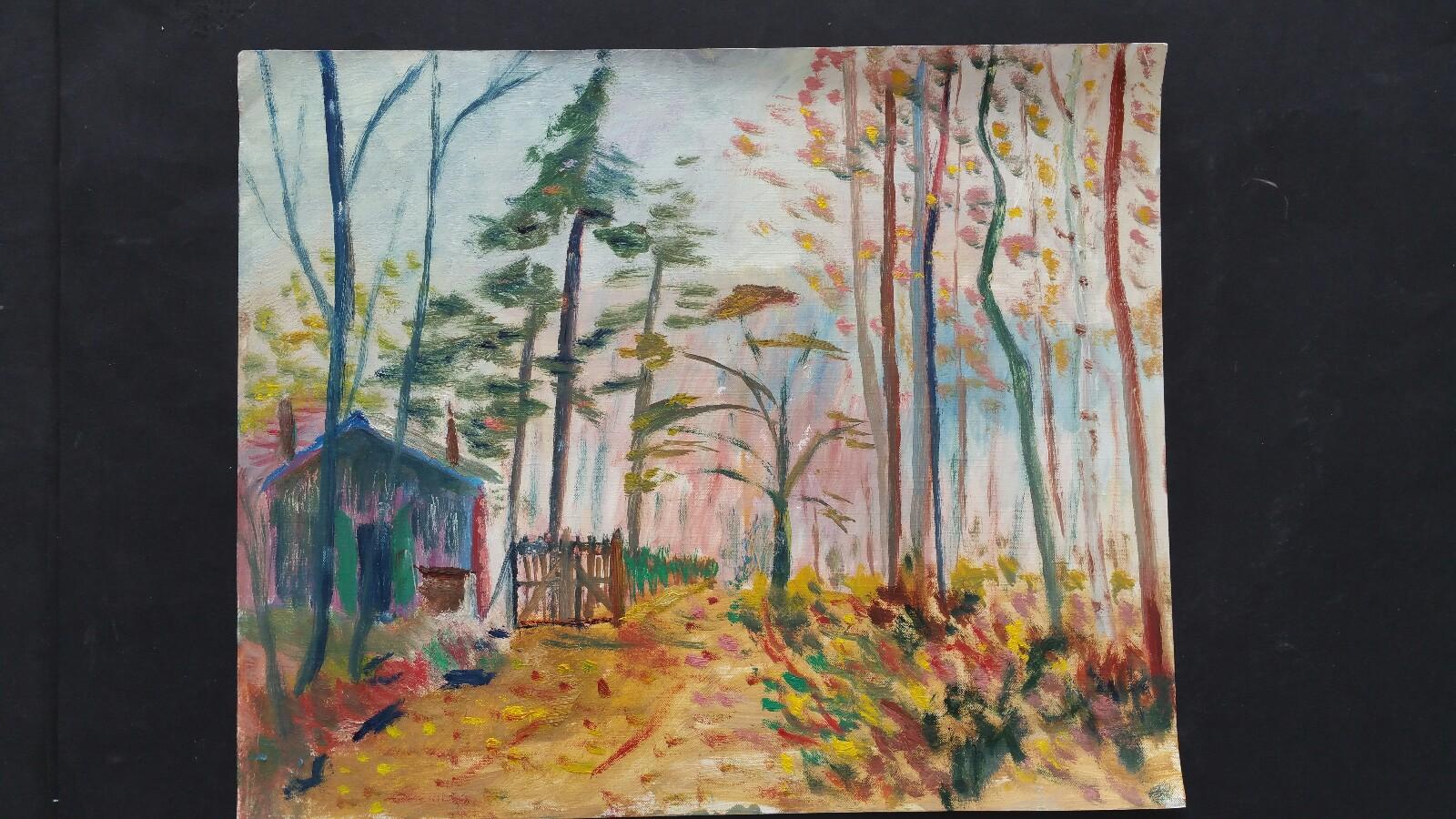 20th Century French Oil Painting A Woodland Cabin For Sale 5