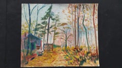 20th Century French Oil Painting A Woodland Cabin