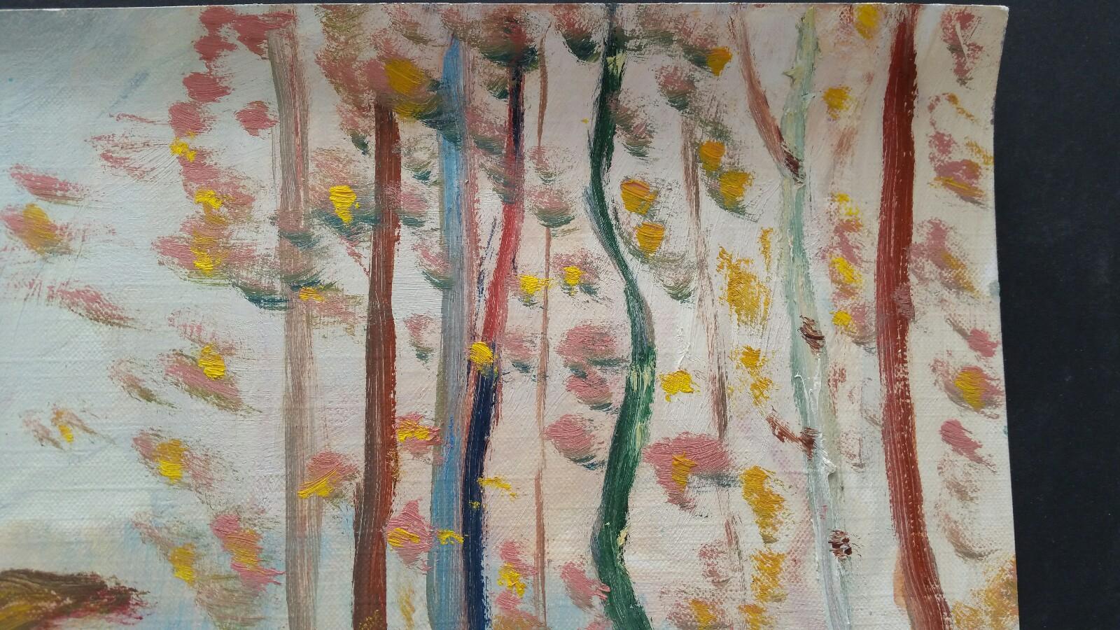 Eine Waldhütte
Französische Schule, Mitte/Ende des 20
ohne Vorzeichen
ölgemälde auf strukturiertem Papier (die Rückseite ist glatt, die bemalte Seite sieht aus und fühlt sich an wie Leinwand), ungerahmt
insgesamt 15 x 18 Zoll

In den Hügeln oberhalb