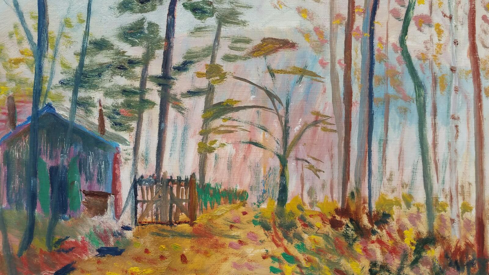 20th Century French Oil Painting A Woodland Cabin
