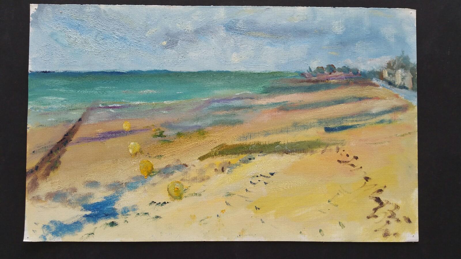 Französisches Ölgemälde des 20. Jahrhunderts, Strandspaziergang an einem kühlen Tag – Painting von Unknown