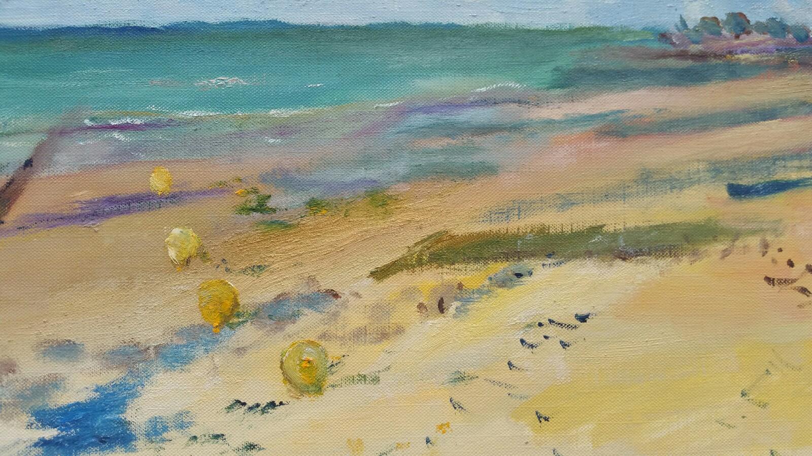 Französisches Ölgemälde des 20. Jahrhunderts, Strandspaziergang an einem kühlen Tag im Angebot 3