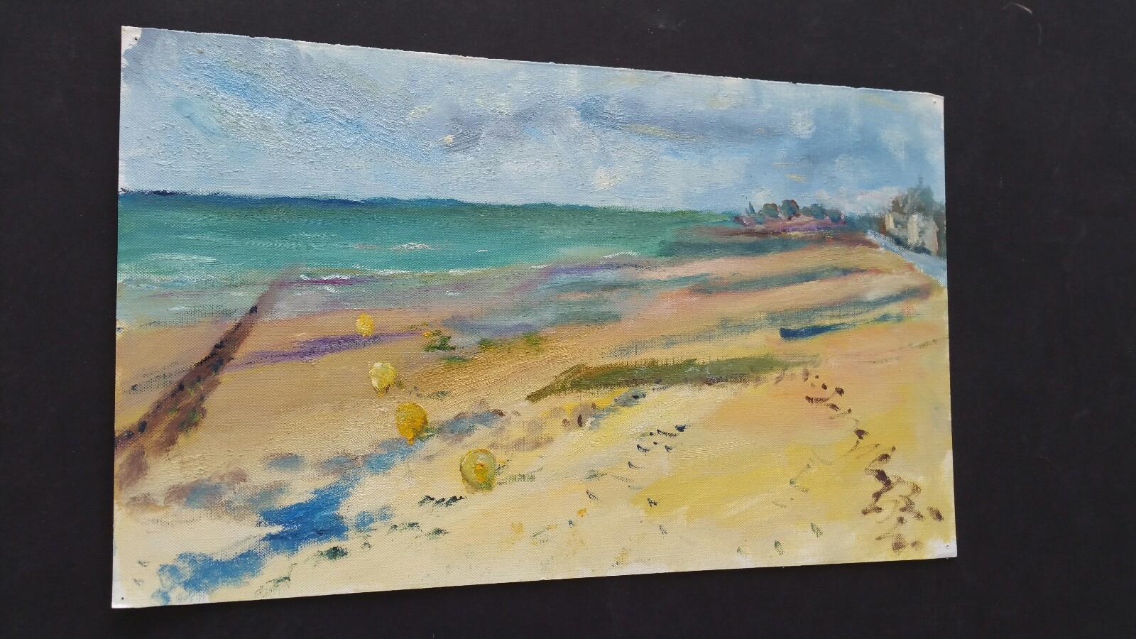20th Century French Oil Painting Beach Walk on a Cool Day For Sale 3