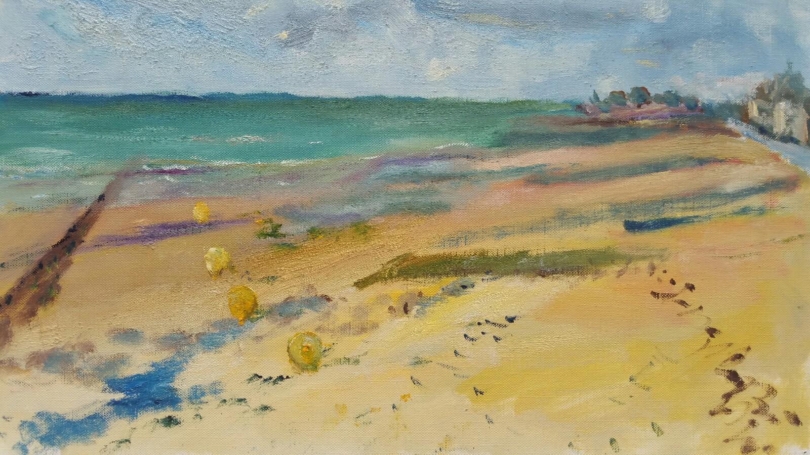 Unknown Landscape Painting - 20th Century French Oil Painting Beach Walk on a Cool Day