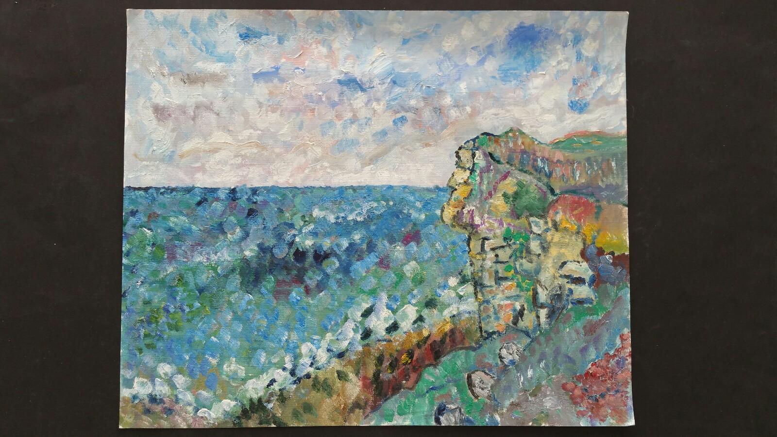 Peinture à l'huile française du 20ème siècle représentant des roches côtières - Painting de Unknown