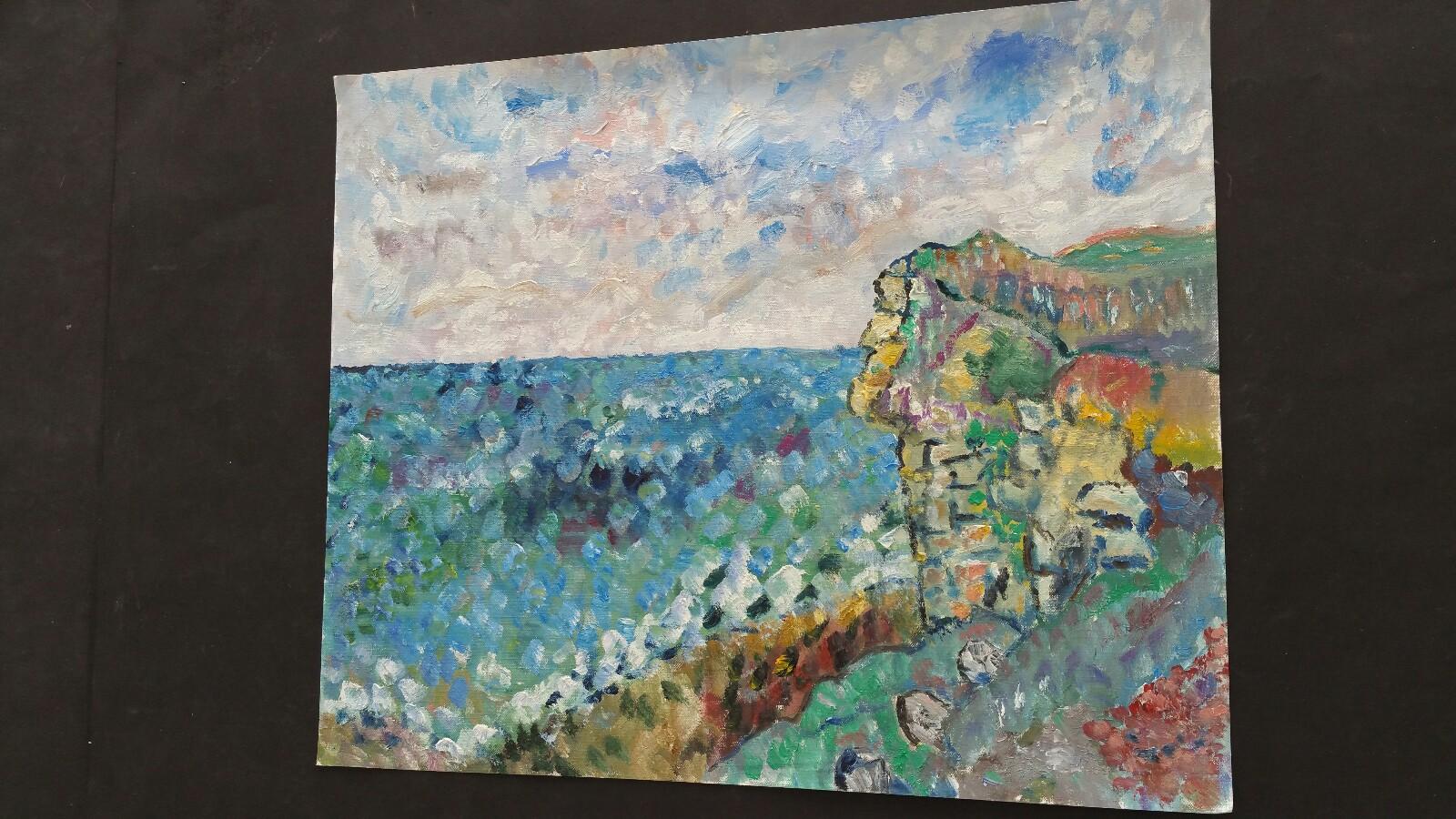 Peinture à l'huile française du 20ème siècle représentant des roches côtières - Gris Landscape Painting par Unknown