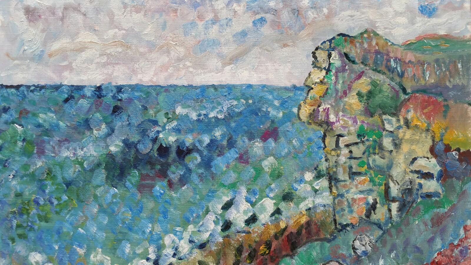 Landscape Painting de Unknown - Óleo francés del siglo XX Rocas costeras