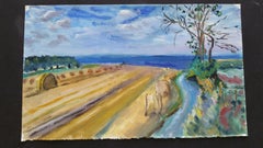 Pittura ad olio francese del XX secolo Rotoli di fieno in un campo costiero Mare blu