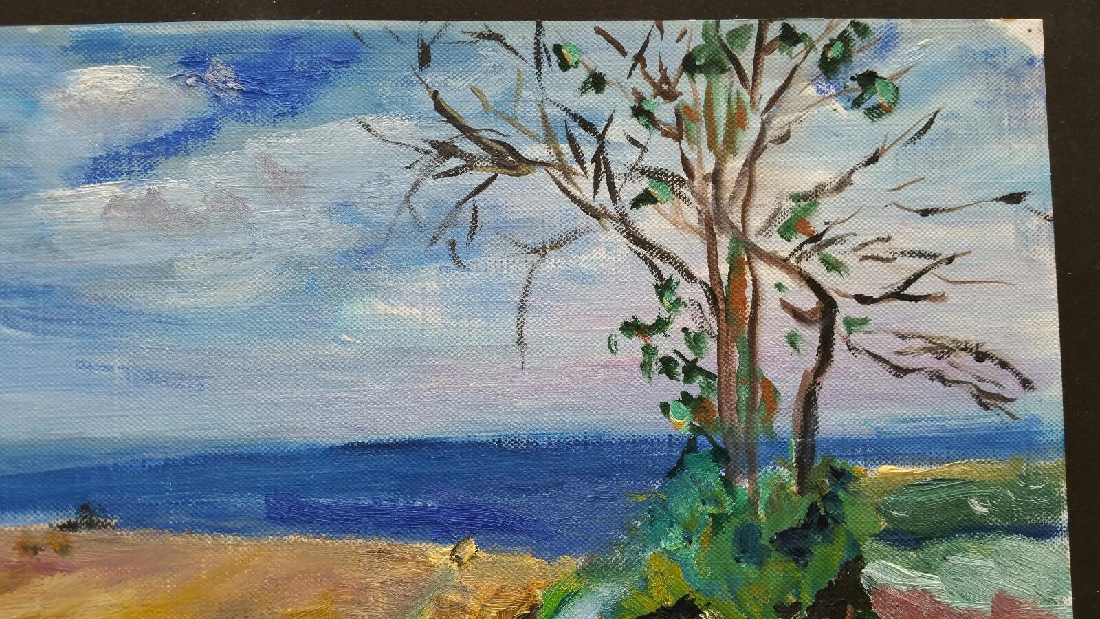 Peinture à l'huile française du 20ème siècle - Hay Rolls in a Coastal Field - Blue Sea - Impressionnisme Painting par Unknown