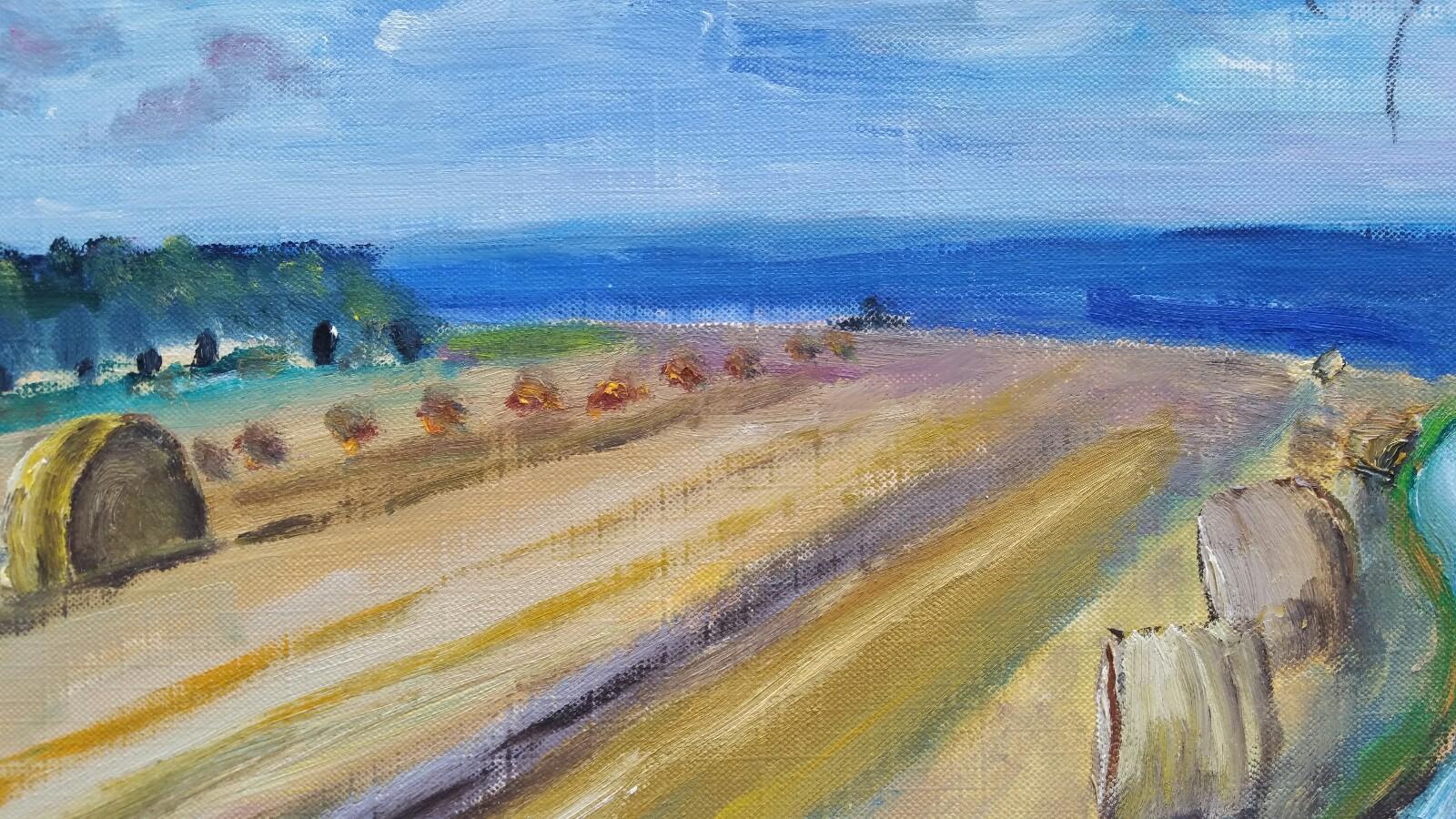 Peinture à l'huile française du 20ème siècle - Hay Rolls in a Coastal Field - Blue Sea en vente 2