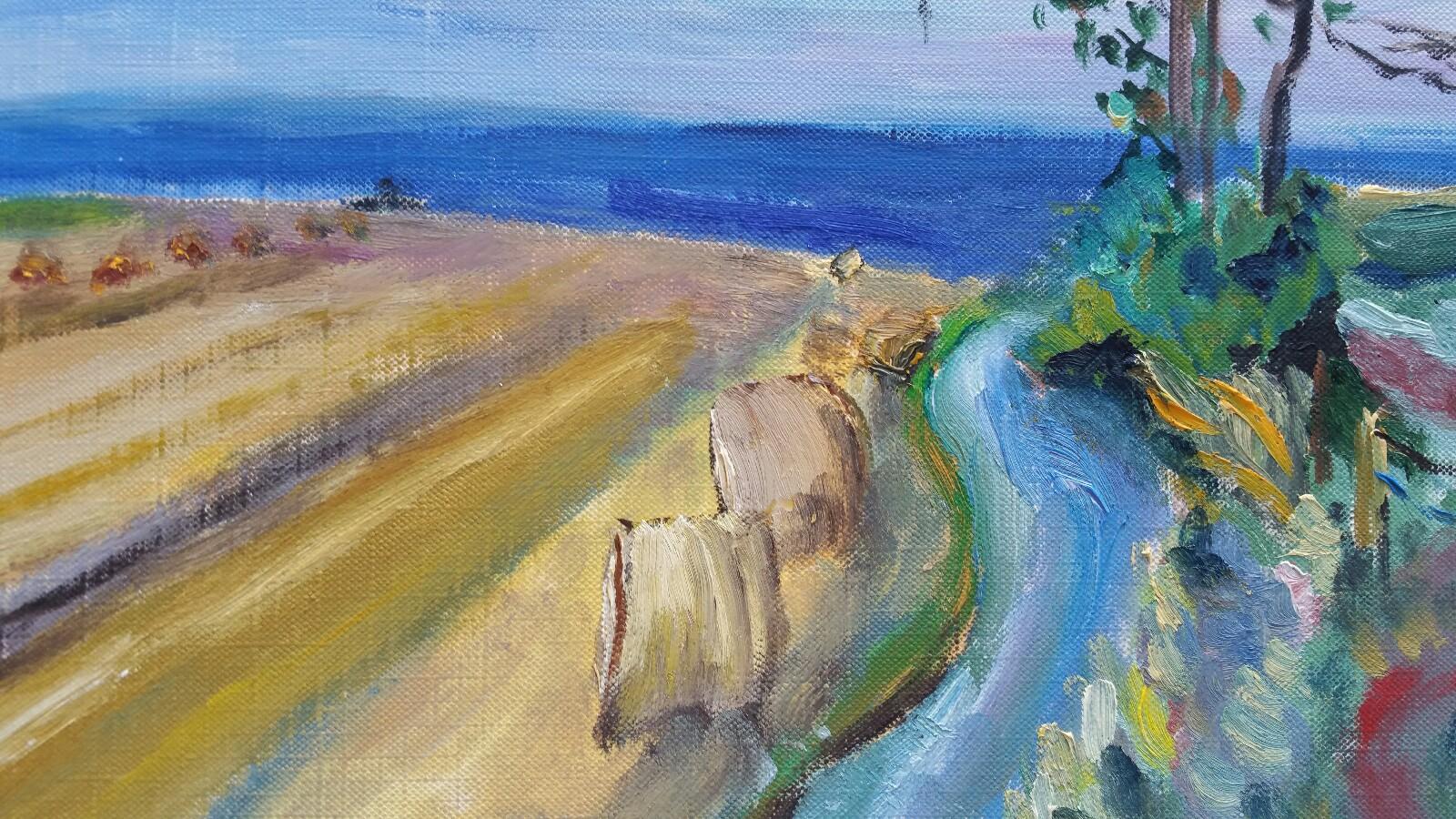 Peinture à l'huile française du 20ème siècle - Hay Rolls in a Coastal Field - Blue Sea en vente 3