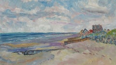 Peinture à l'huile française du 20ème siècle représentant une plage d'été tardive