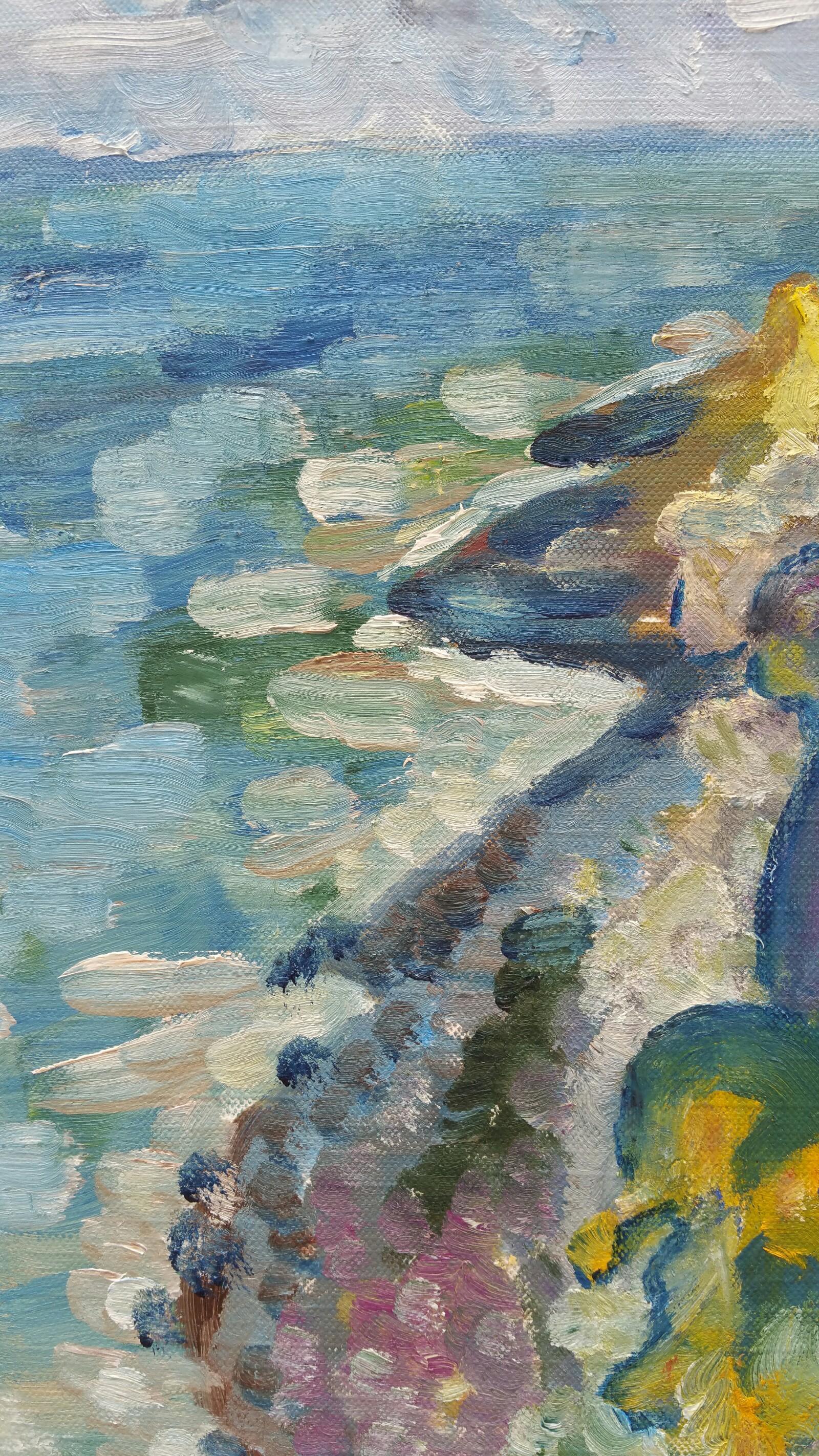 Peinture à l'huile française du 20ème siècle représentant une côte rocheuse en vente 3