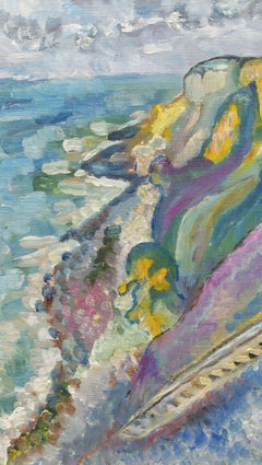 Retro 20th Century French Oil Painting Rocky Coastline
