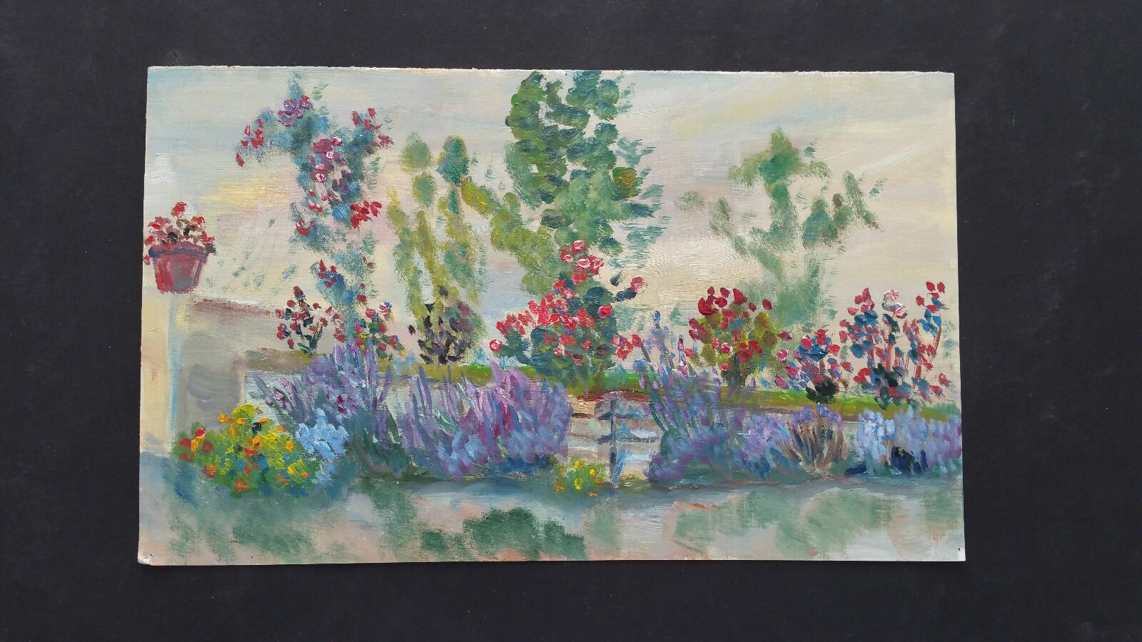 20th Century French Oil Painting Summer Garden Border - Gray Landscape Painting by Unknown