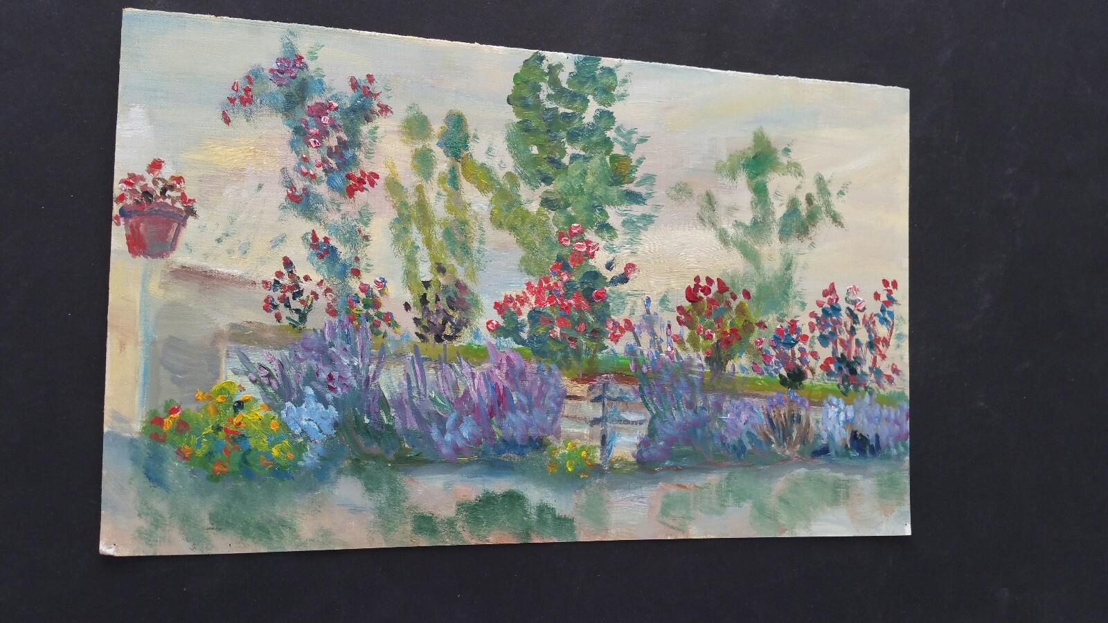Summer Garden Border
French School, mid-late 20th century
unsigned
oil painting on canvas textured paper (reverse side is smooth, the painted side looks and feels as canvas), unframed
overall 9 x 15 inches

Lavender, roses and a terracotta pot of,