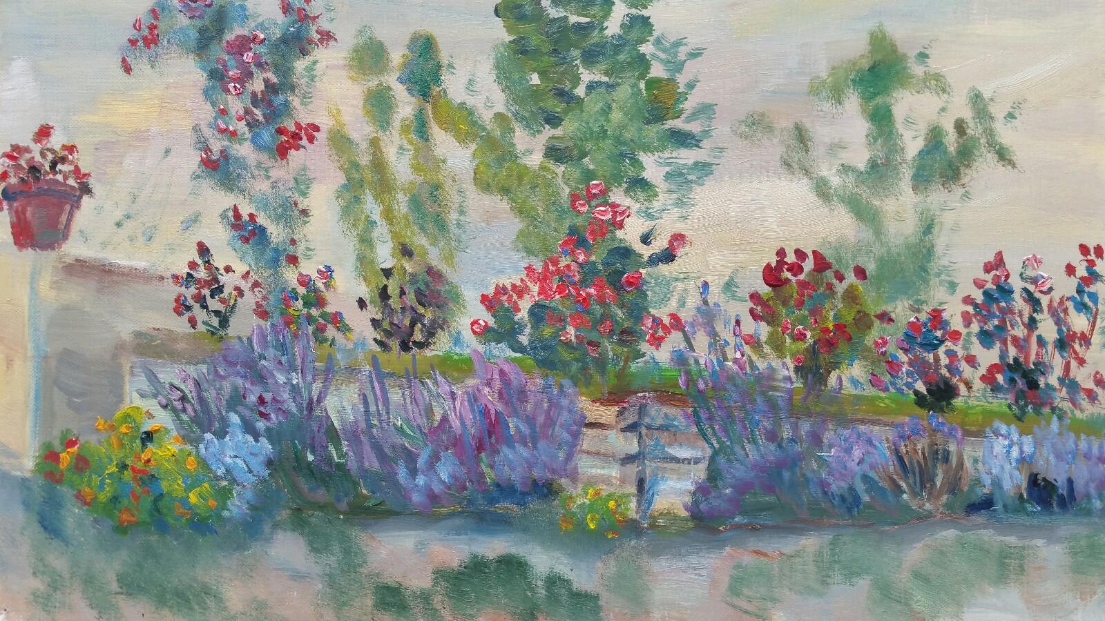 Unknown Landscape Painting - 20th Century French Oil Painting Summer Garden Border